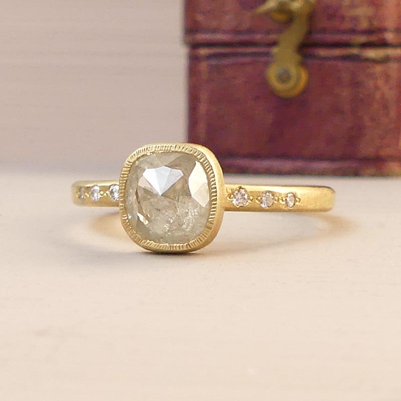 The Salome ethical engagement ring has a romantic, otherworldly charm.  She’s unique, sustainable and would make the perfect alternative to your average store bought ring.

A 1.2 carat, rose-cut, clear diamond with dove grey inclusions sits within a