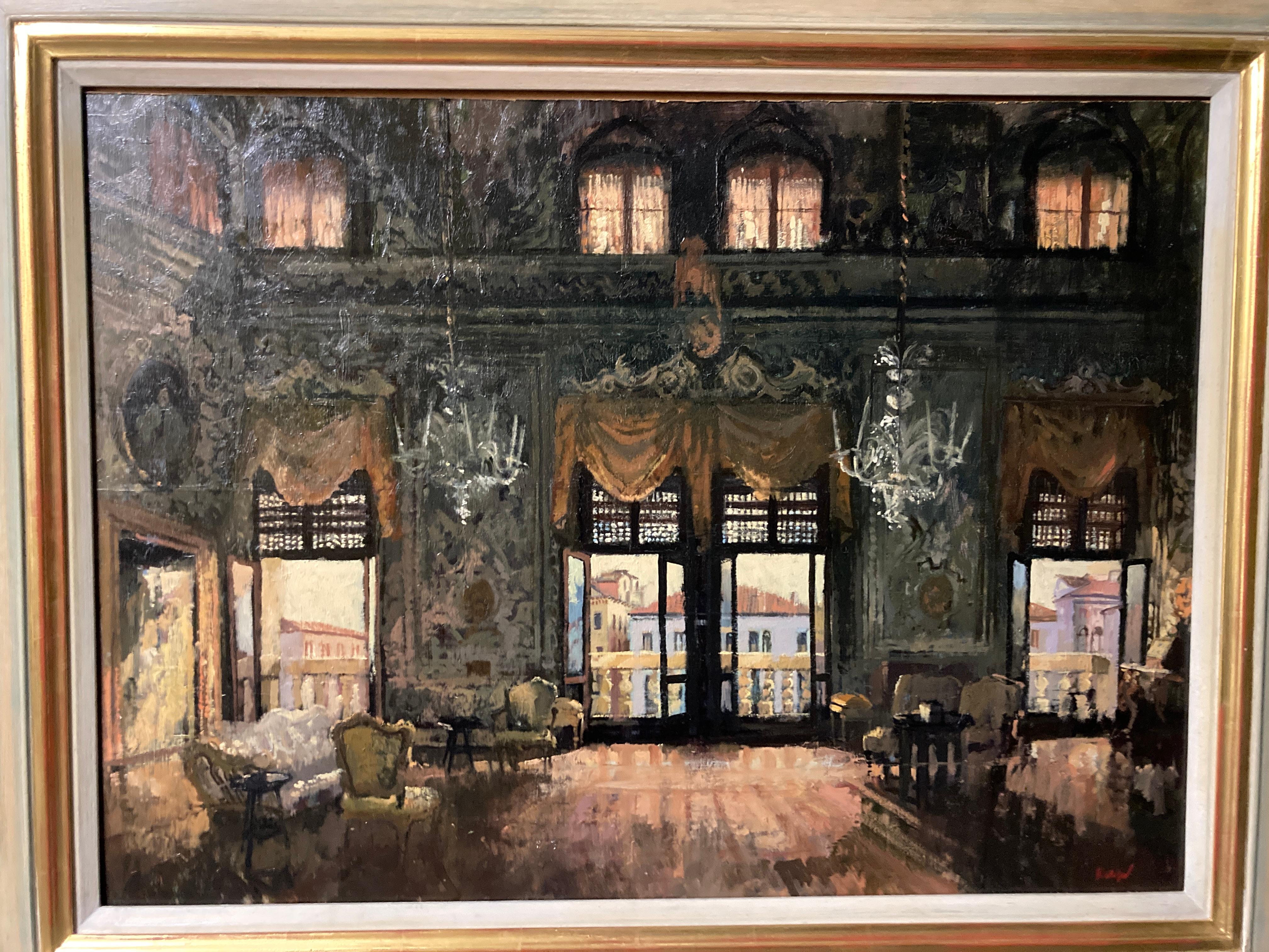 Peter Kuhfeld (b. 1952)
The Salone Grande, Palazzo Barbaro, afternoon
Signed 'Kuhfeld' (lower right)
Original dealer (W.H. Patterson) label at rear
oil on canvas
21 x 29 inches. (52.5 x 73 cm.)
