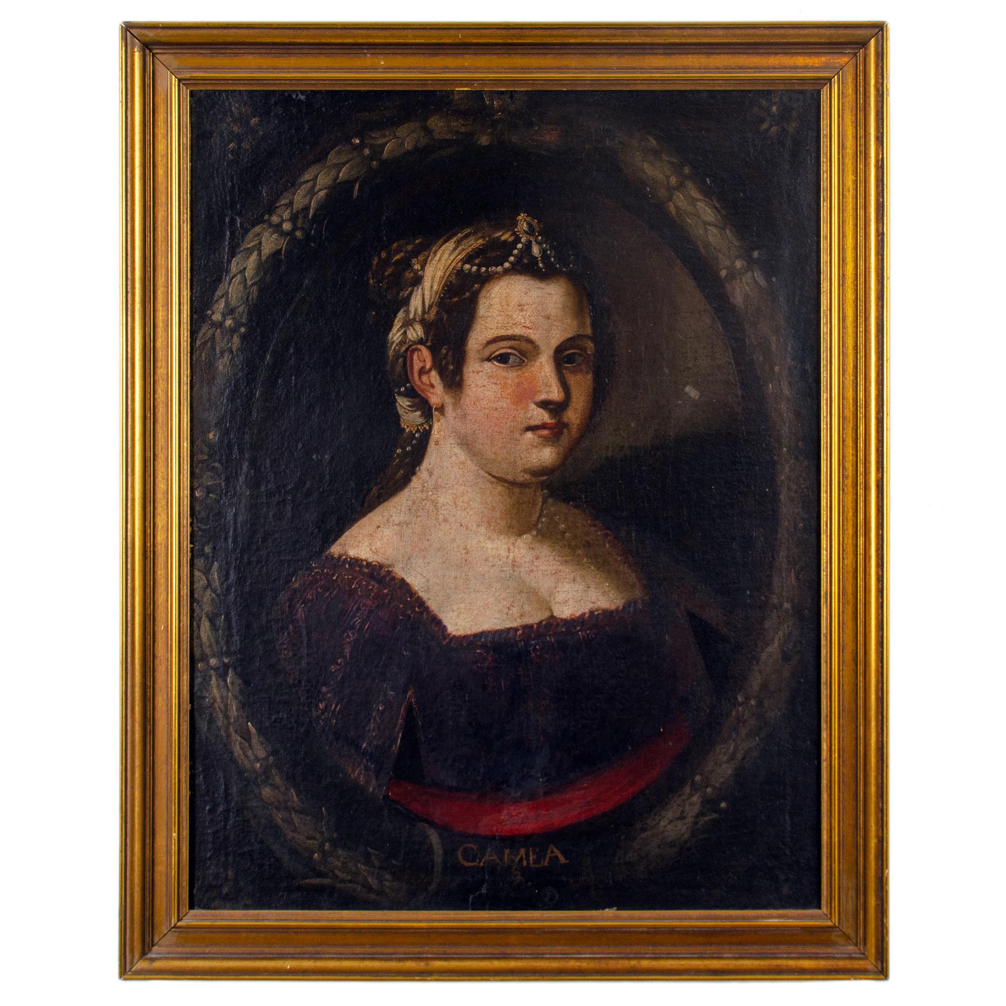 Portrait de la sibylle samienne (Camea), huile sur toile de l'école italienne, vers 1700.

vue : 19 ½ par 25 ½ pouces

cadre : 23 ¾ par 29 ¾ pouces







