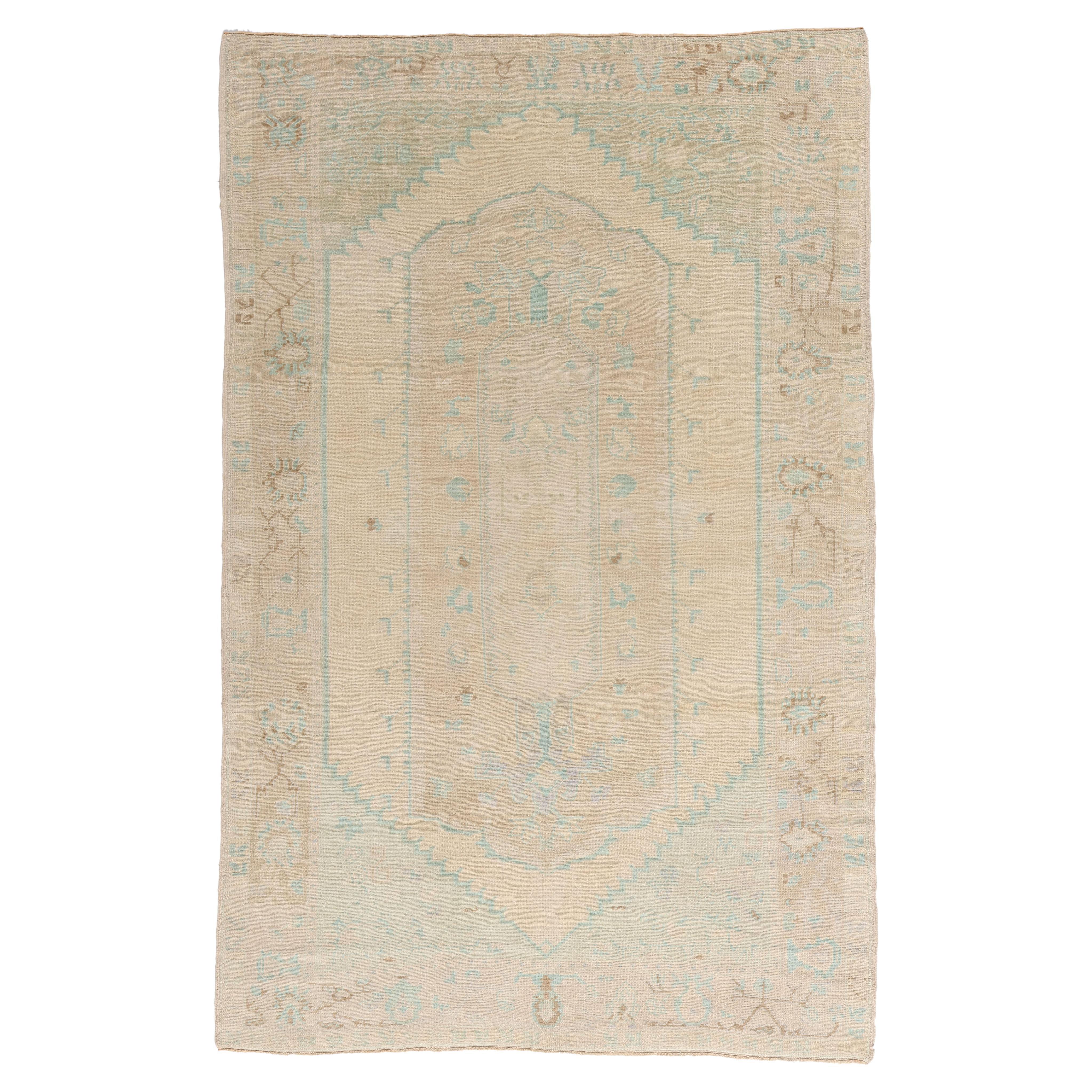 The Sandstone Reverence: A Vintage Turkish Oushak Masterpiece of Quiet Elegance For Sale