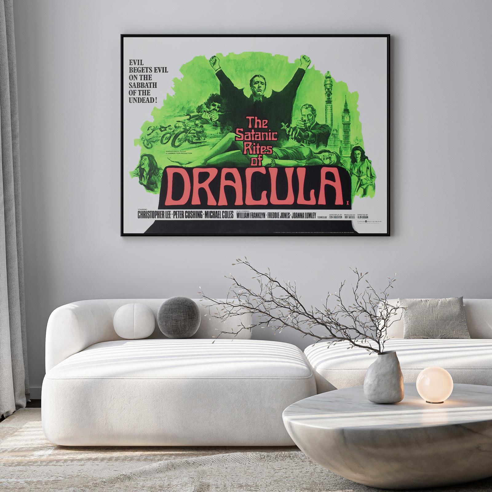 Fantastic original first-year-of-release, country-of-origin UK Quad film poster for  Hammer Horror's The Satanic Rites of Dracula. Hammer's penultimate Dracula film and the last one to feature Christopher Lee in the title role.

The iconic Hammer