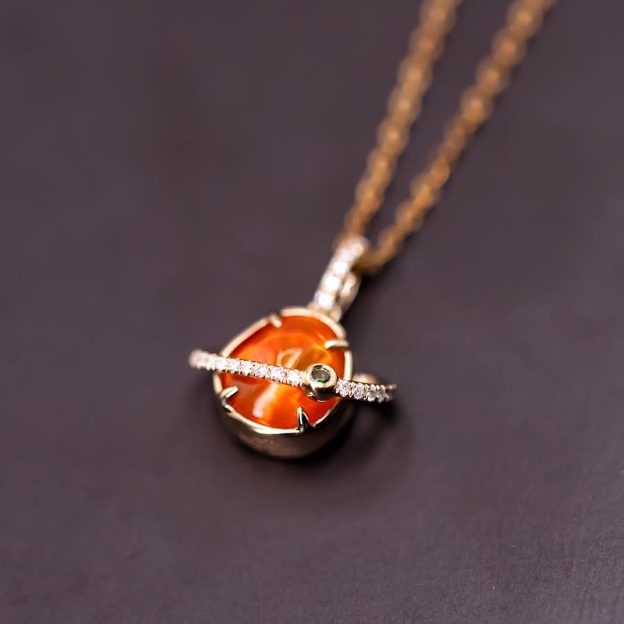Arts and Crafts The Saturn - Mexican Fire Opal & Diamond Tsavorite 18K Yellow Gold Necklace For Sale