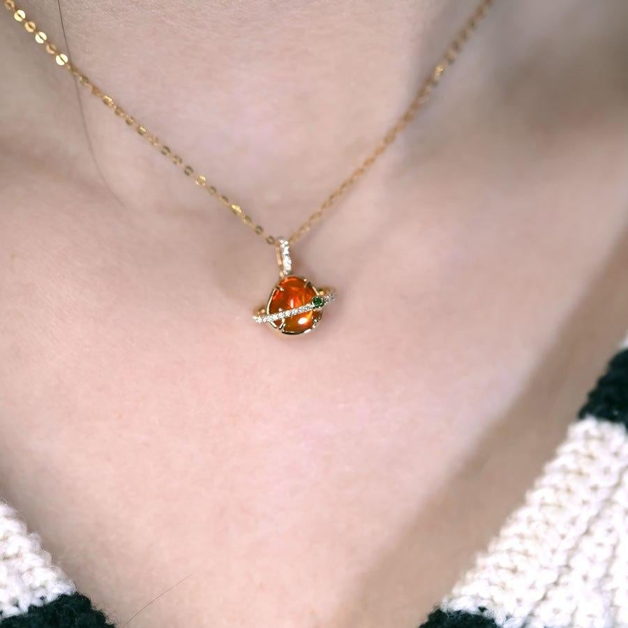 Brilliant Cut The Saturn - Mexican Fire Opal & Diamond Tsavorite 18K Yellow Gold Necklace For Sale
