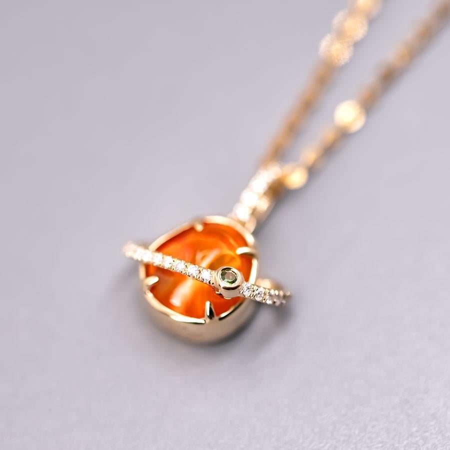 The Saturn - Mexican Fire Opal & Diamond Tsavorite 18K Yellow Gold Necklace In New Condition For Sale In Suwanee, GA