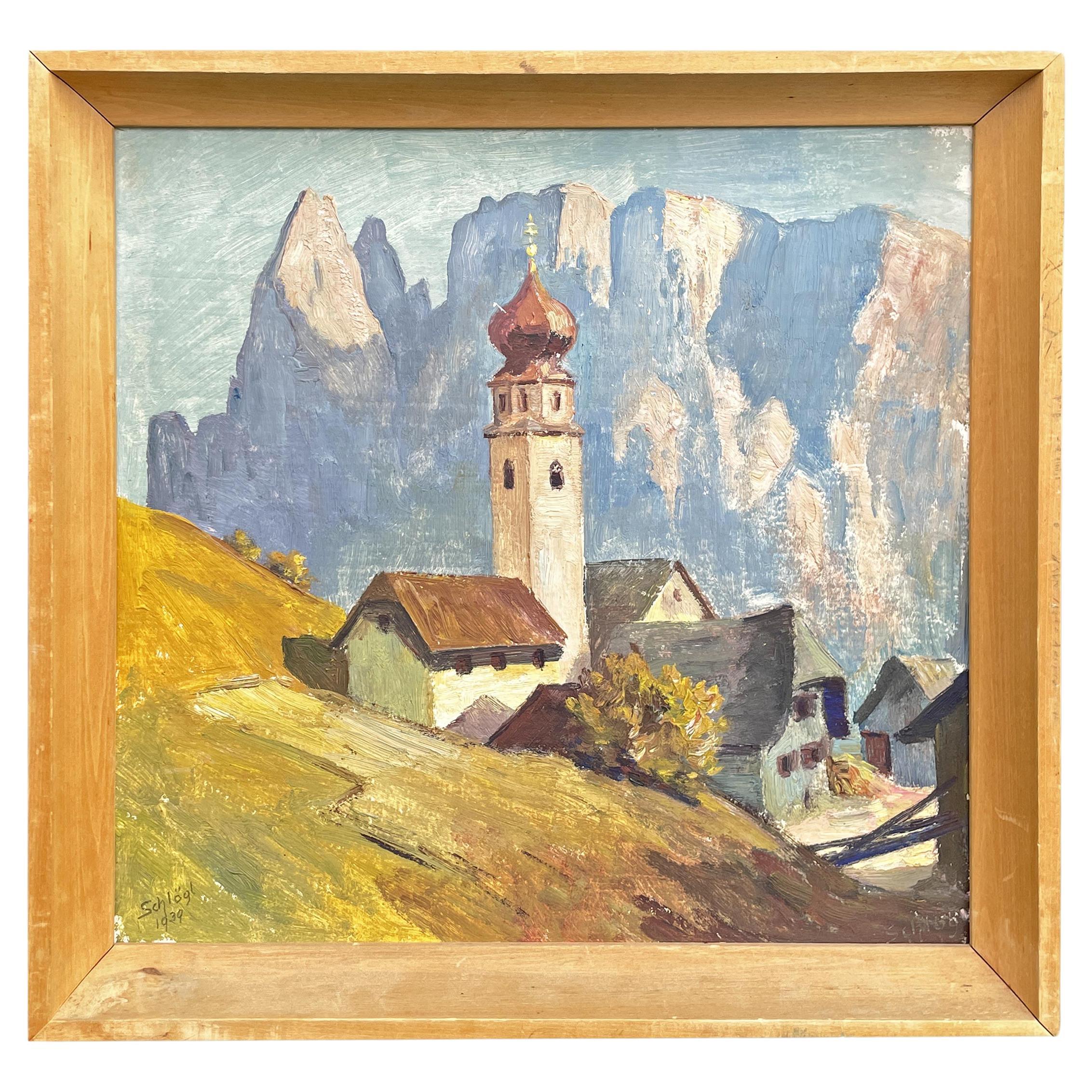 The "Sciliar" - Northern Italy Dolomites Oil on Canvas Painting For Sale