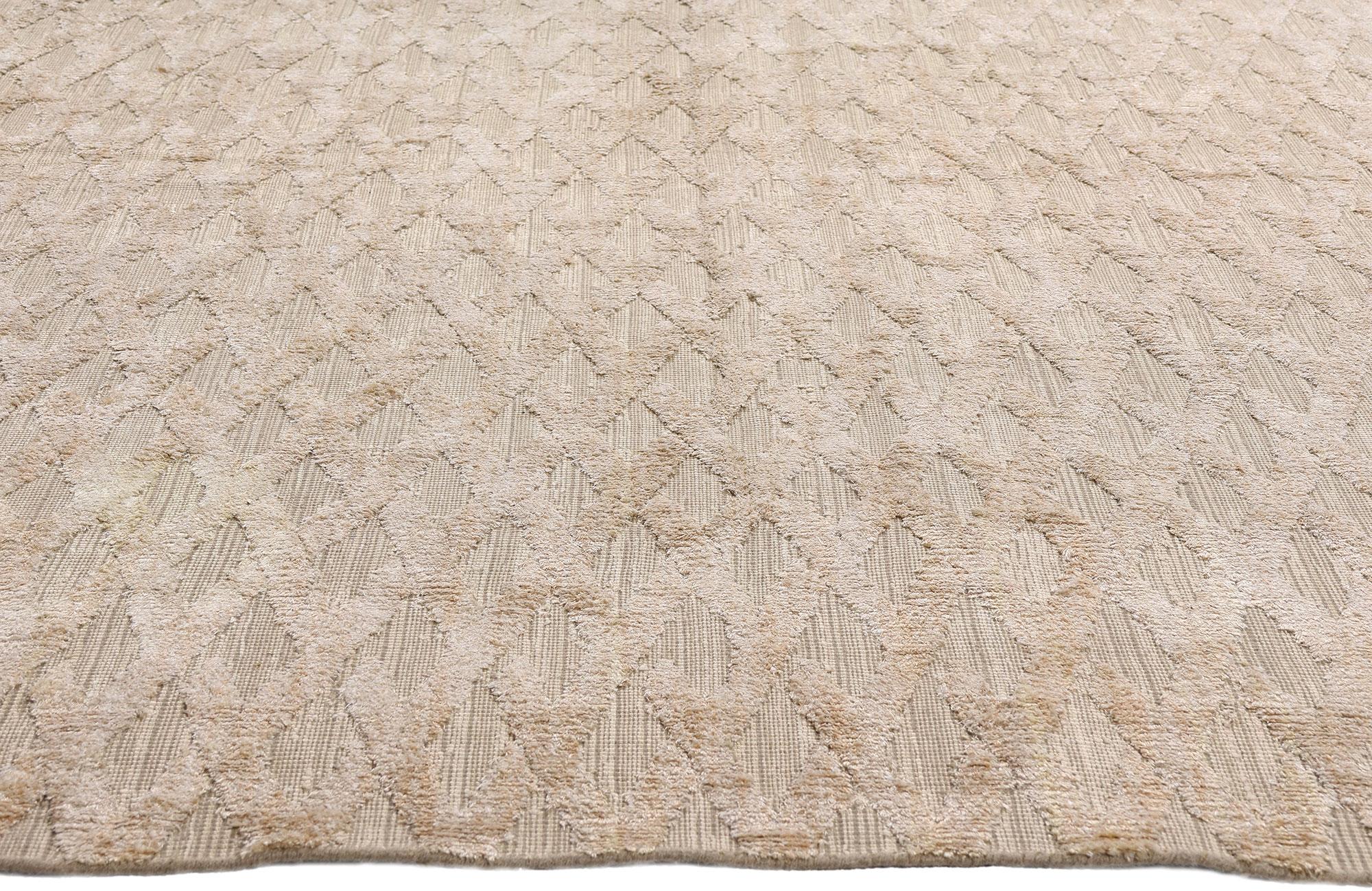 79320 Vintage Modern Indian High-Low Rug, 09'10 x 14'02. In the realm of organic interiors where refinement meets restraint, this hand-knotted wool vintage modern Indian high-low rug emerges as an exemplar of understated luxury. Its softly