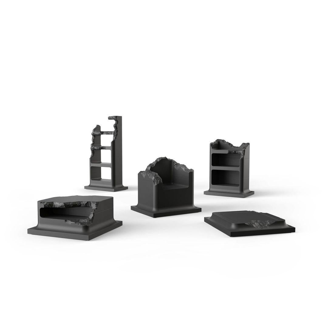 Radical and monumental, the new SCULPTED SERIES is a family of five domestic sculptures available only in black or white including a bookshelf, a bar cabinet, an armchair, a coffee table and low table. 

As in all sculptures, each piece from the