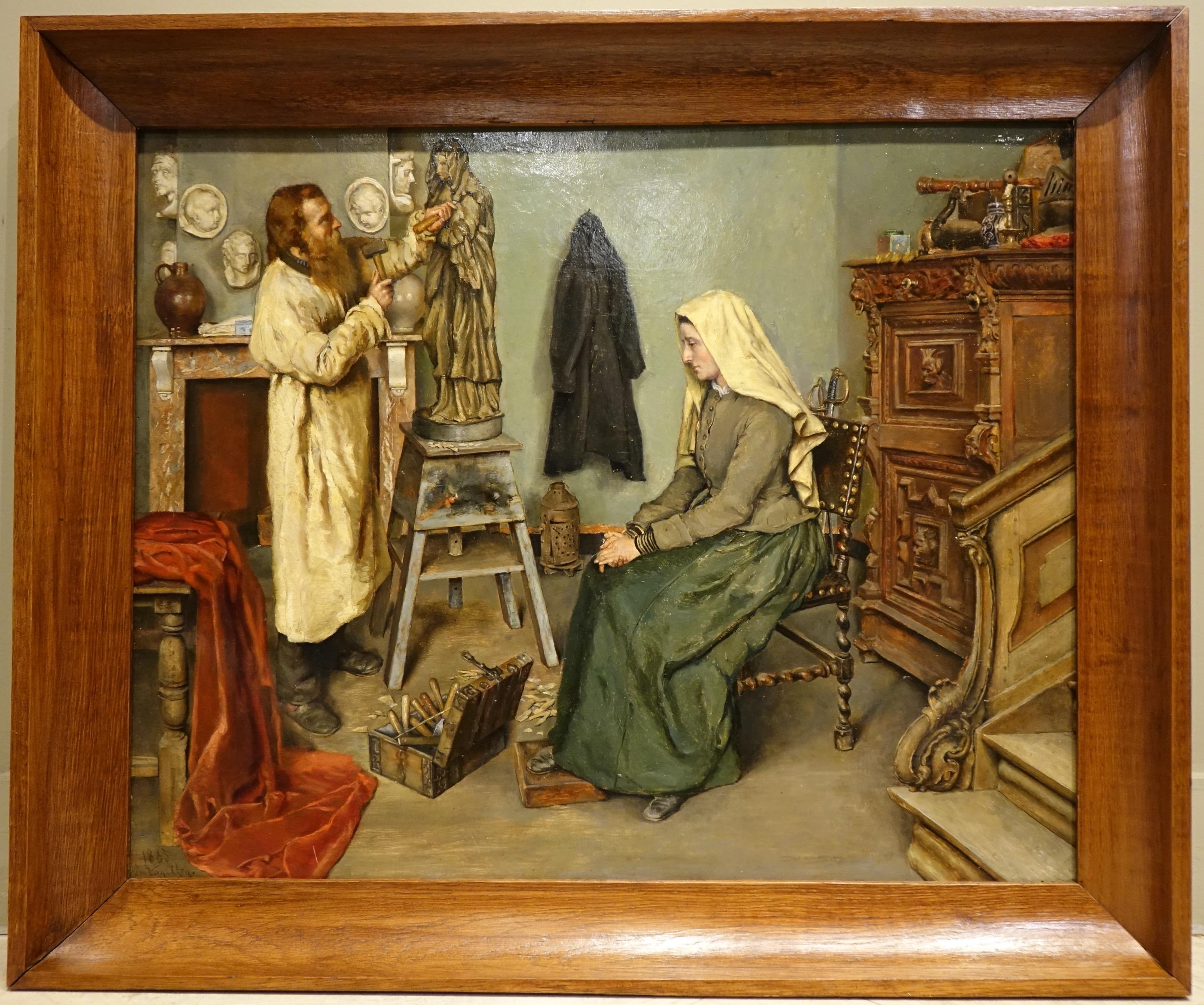 Oil on oak panel representing a seated model, posing for a sculptor making a statue of the Virgin, in the style of the late 15th century.
Around them a heterogeneous set of accessories, and a chest filled with tools.
Signed lower left Leo van AKEN,
