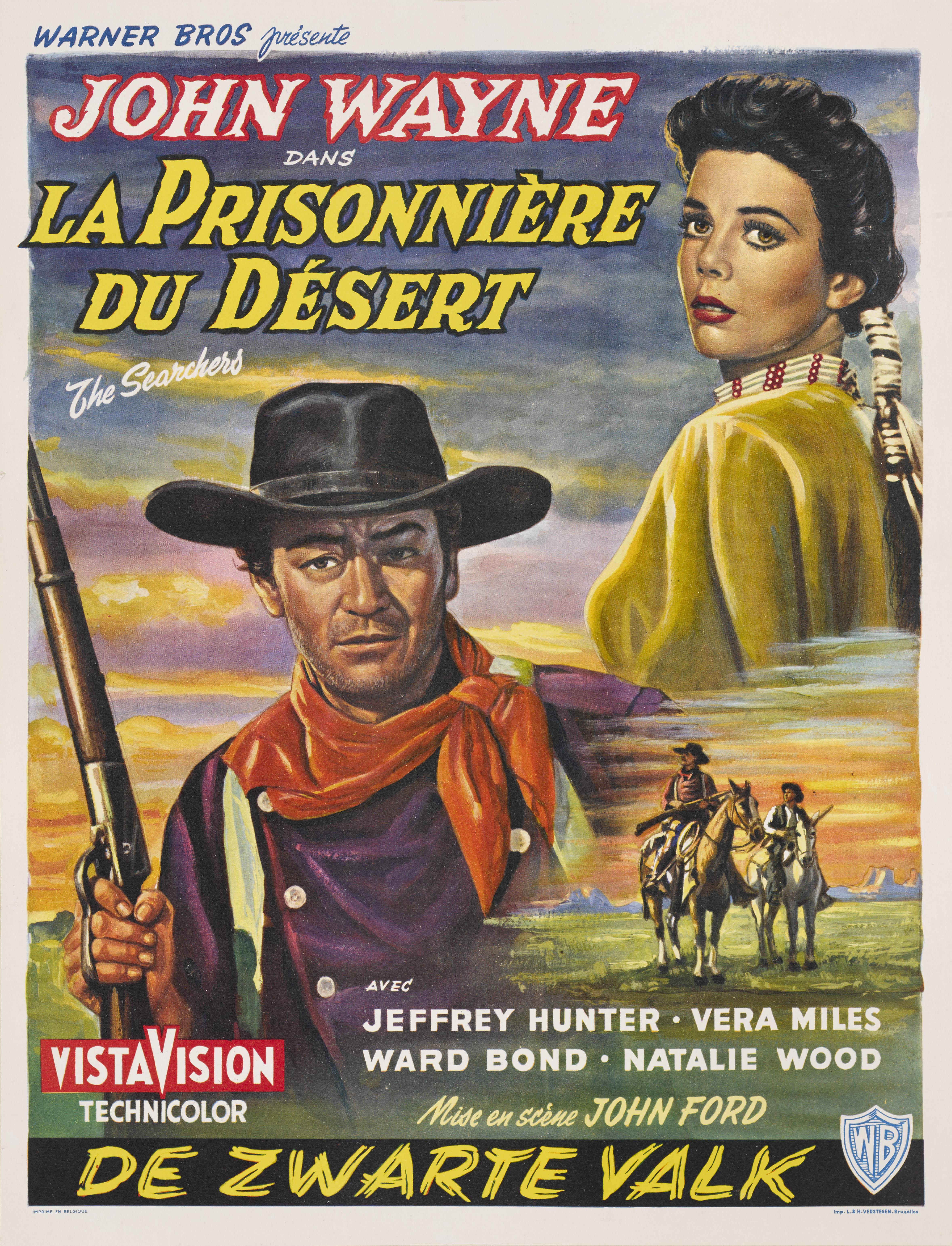 Original Belgian (1956) film poster for John Ford's Classic western The Searchers staring John Wayne and directed by John Ford.
This poster originally had a blank white top of 3 inches where the name of the cinema and time were writen in. The piece