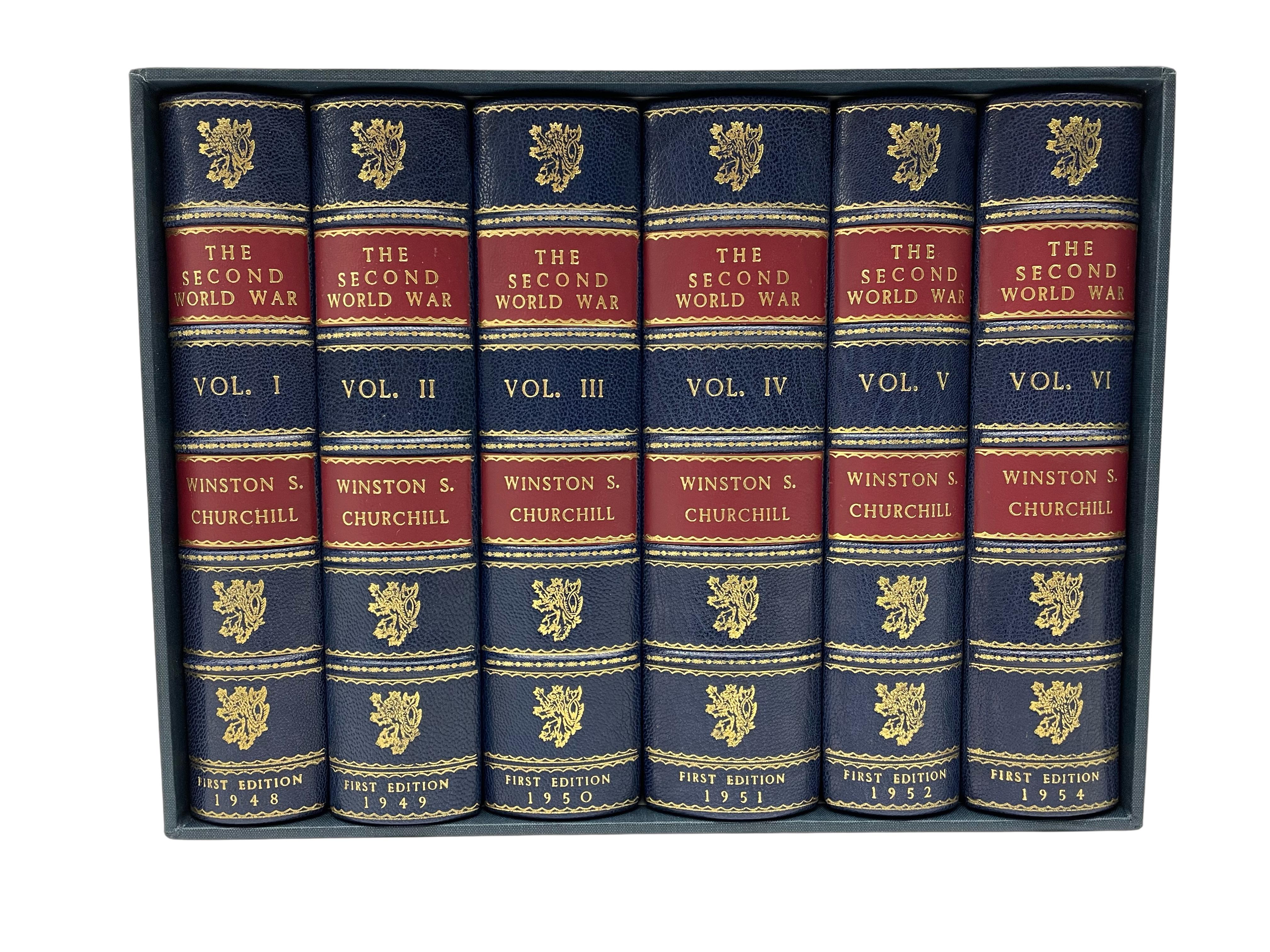 Churchill, Winston, The Second World War. London, 1948-1954: Cassell & Co. Ltd. First editions, 6 vols. Rebound in ¼ leather and cloth boards, with gilt titles, tooling, and raised bands to the spine. Presented with a new archival matching cloth