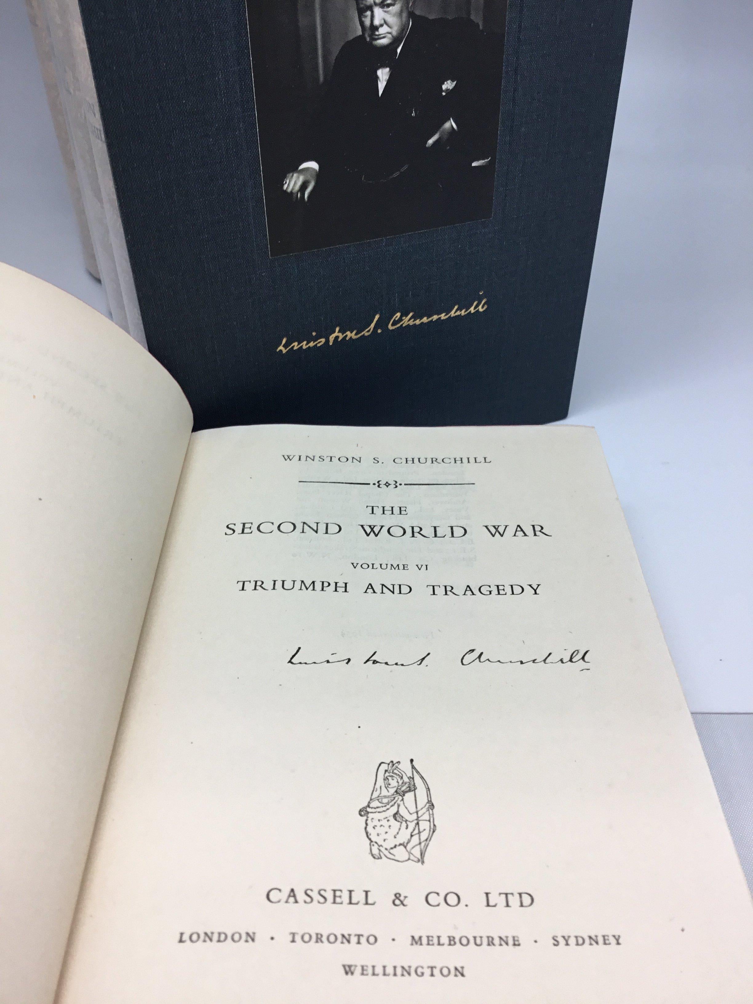 Churchill, Winston, The Second World War. London, 1948: Cassell & Co. Ltd. First editions, 6 vols. Signed by Churchill. All in original dust jackets with a custom slipcase.

Presented is a first edition set of The Second World War from 1948. This