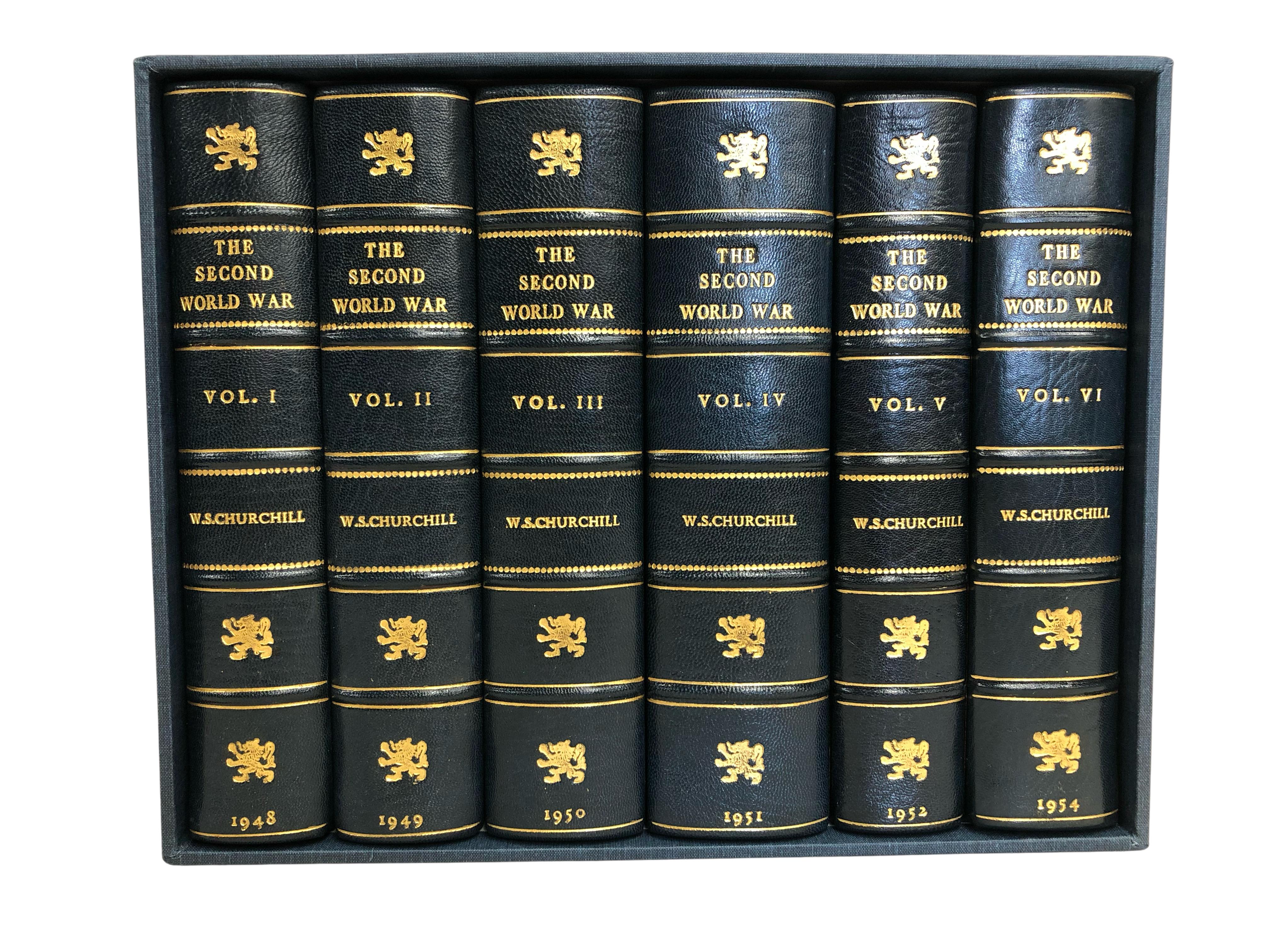 Churchill, Winston, The Second World War. London, 1948-1954: Cassell & Co. Ltd. First editions, 6 vols. Bound by in full navy Moroccan leather with raised bands, gilt titles, and tooling to spines. Tipped in signed and inscribed thank you note from