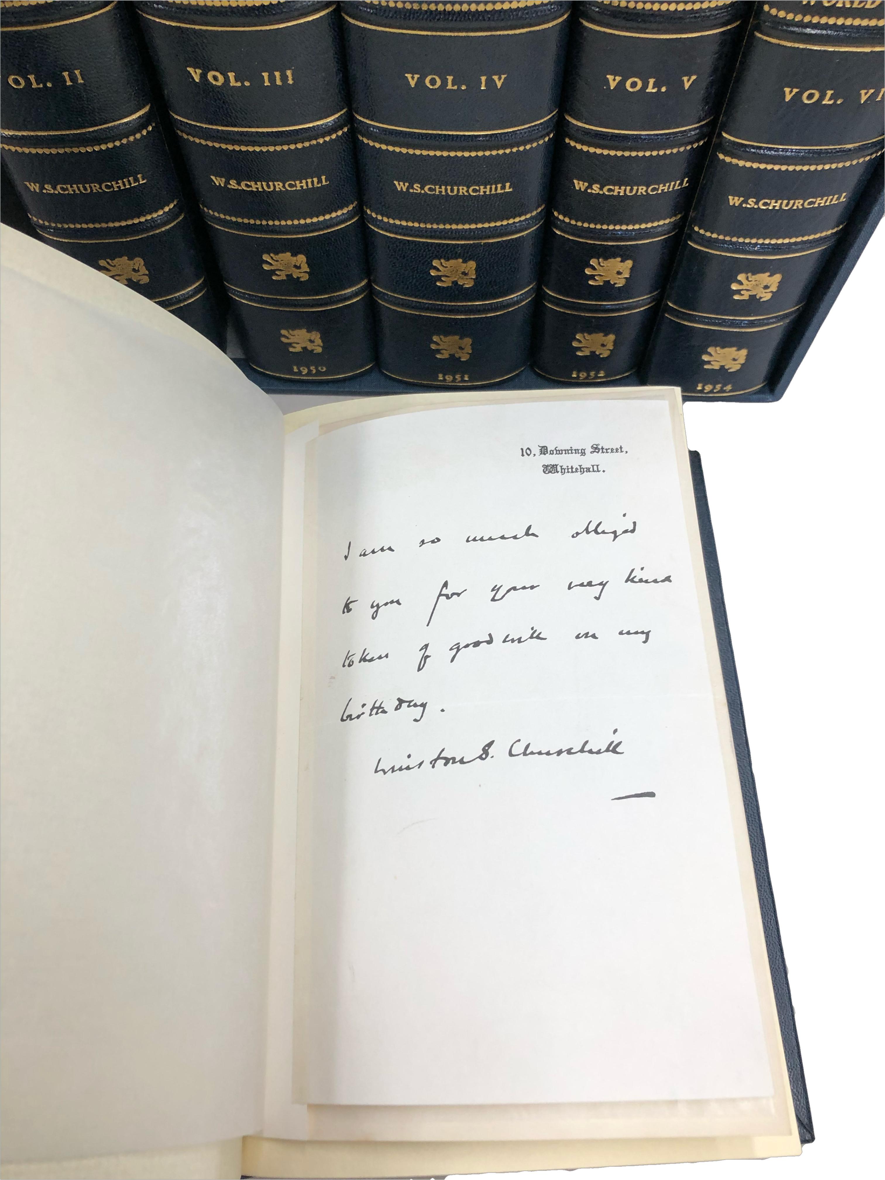 The Second World War, with Signed Note by Winston Churchill First Ed., 1945-1954 In Good Condition In Colorado Springs, CO