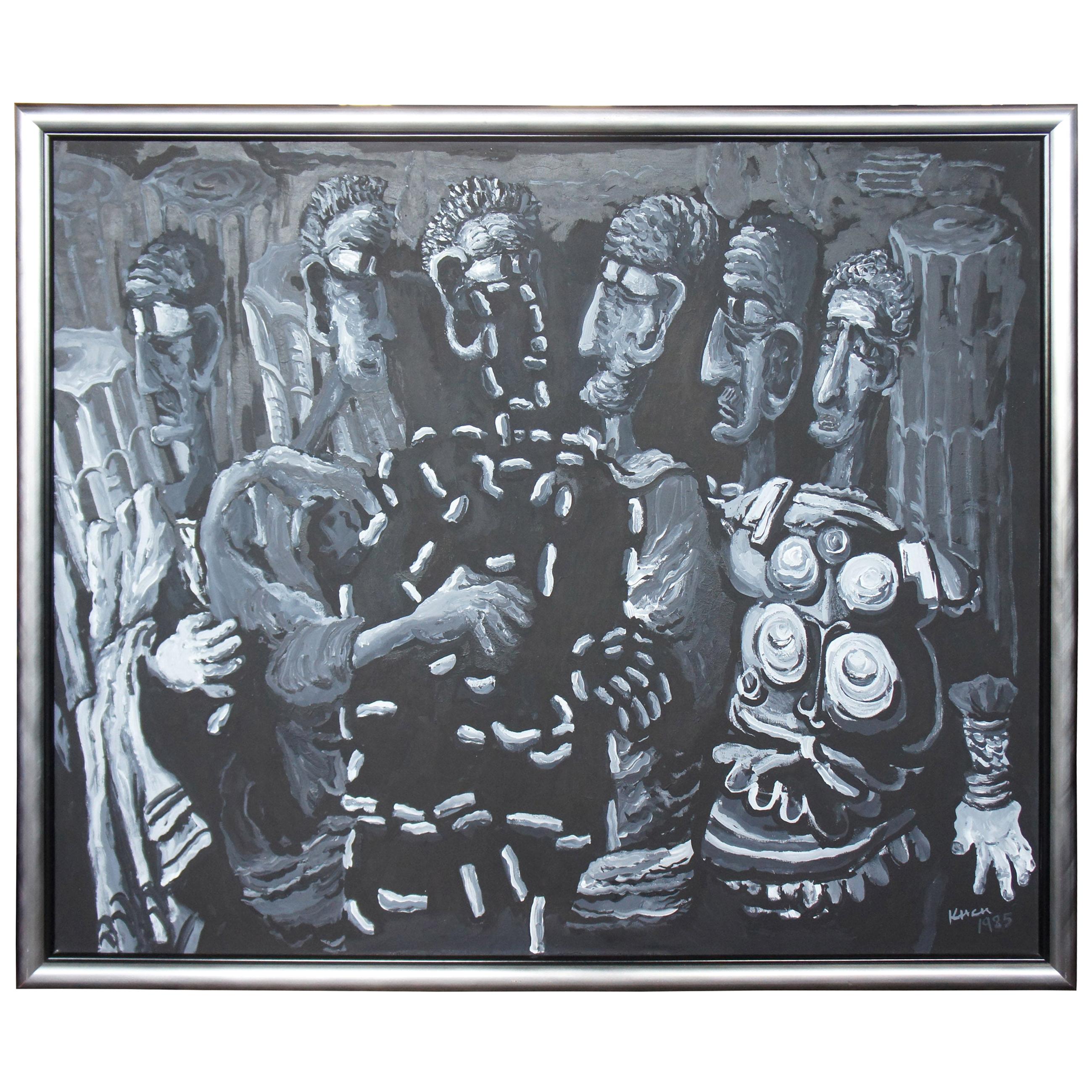 Le Sénat de Tom Keesee 1985 Peinture acrylique expressionniste en noir et blanc