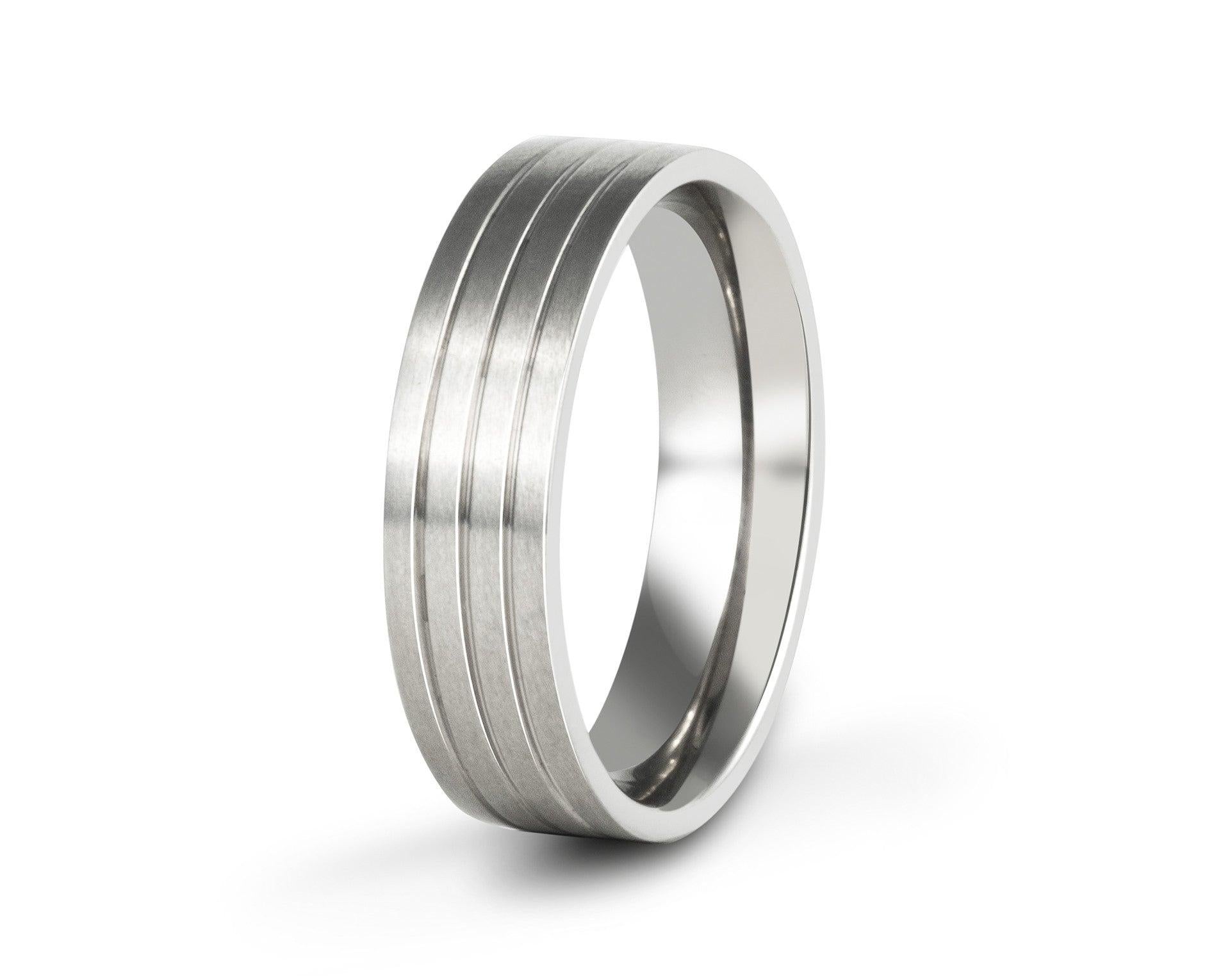 For Sale:  Sendak : Flat Titanium with Triple-Groove Pinstripe 6mm Comfort Wedding Band 2