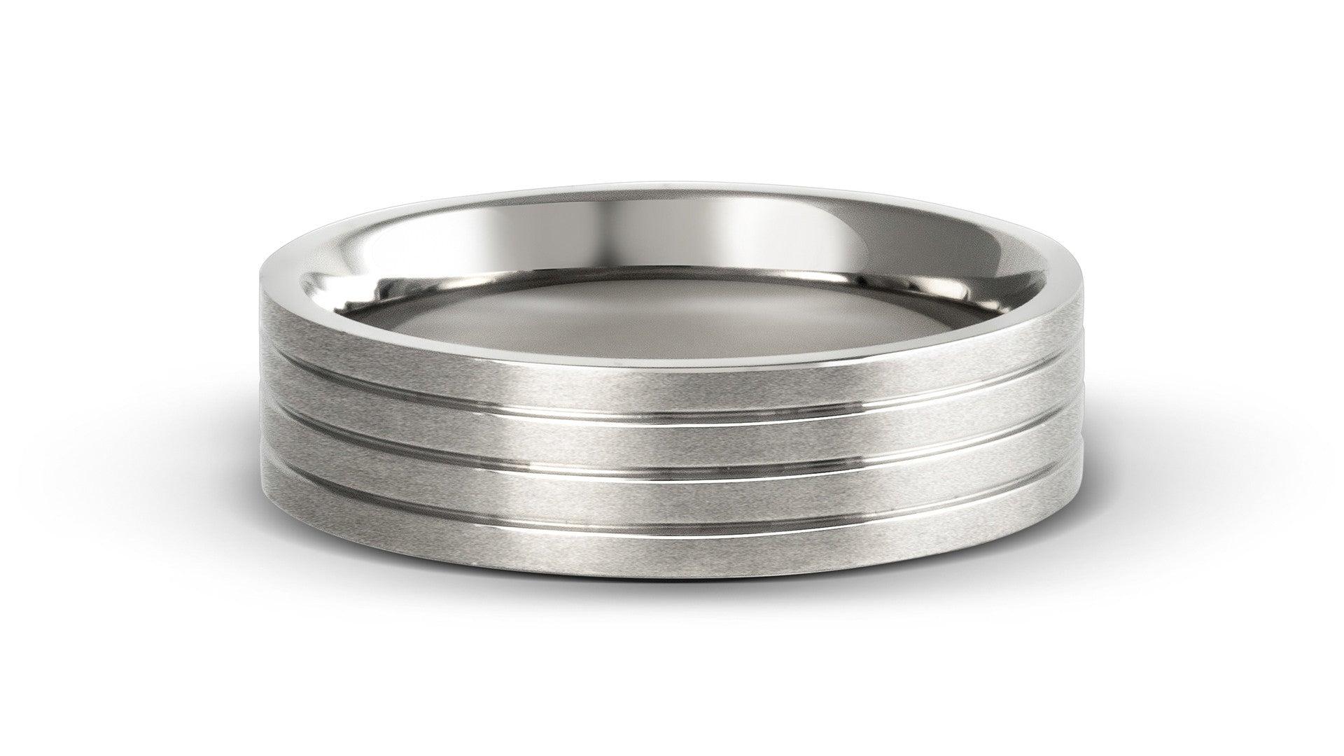 For Sale:  Sendak : Flat Titanium with Triple-Groove Pinstripe 6mm Comfort Wedding Band 3