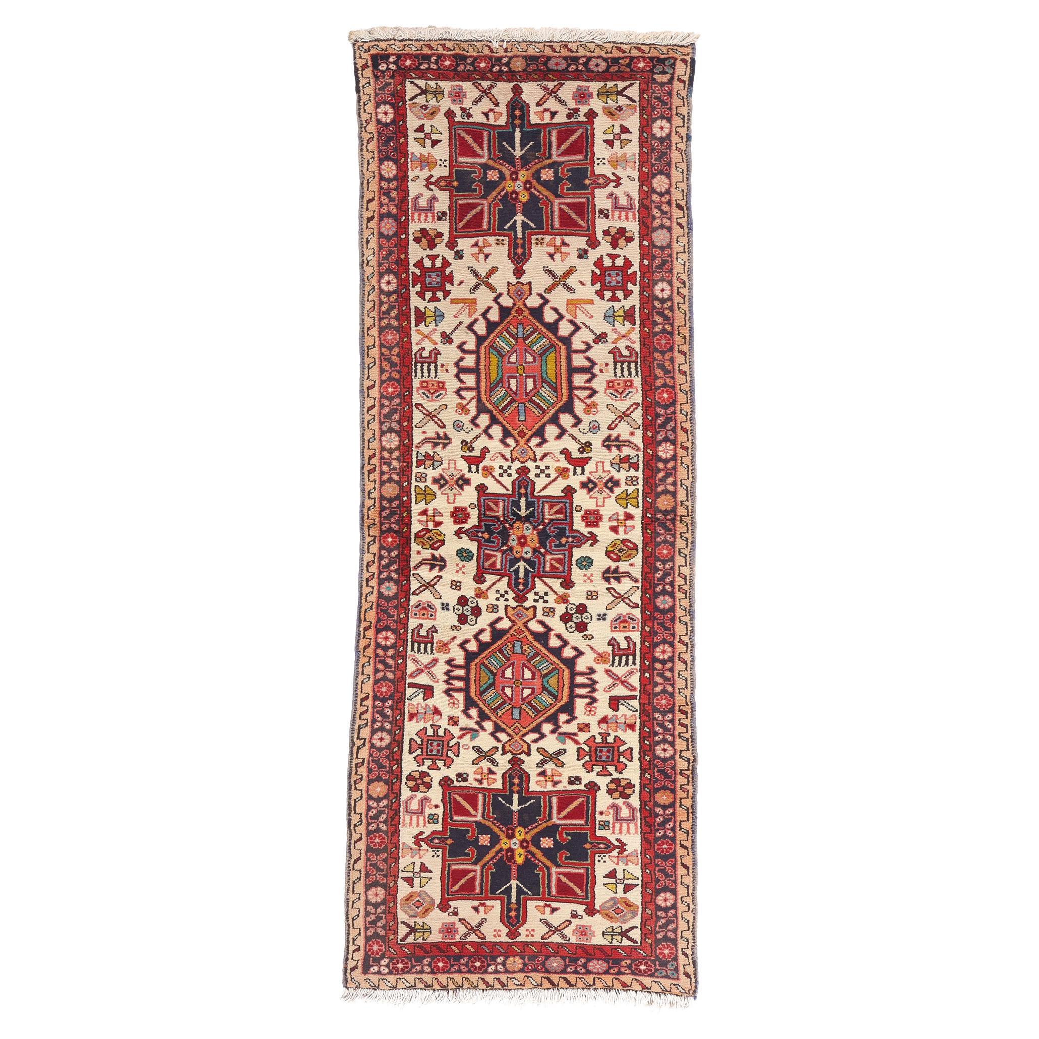 The Sentinel Path: A Vintage Persian Karaja Heriz Masterpiece of Tribal Power