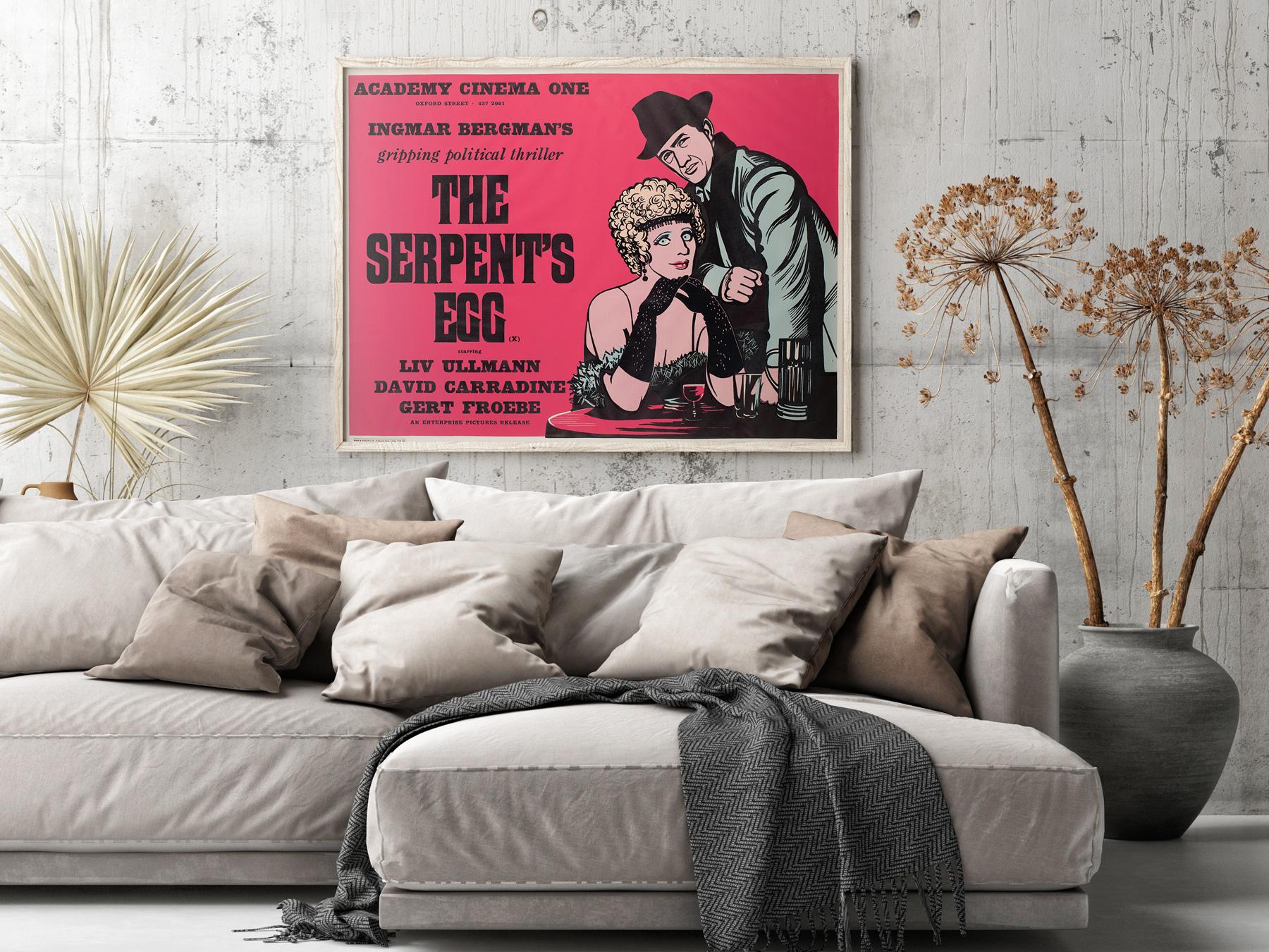 Fabulous original Academy Cinema film poster for Ingmar Bergman's thriller “The Serpent's Egg”. Design by Peter Strausfeld.

Cologne born Strausfeld came to England in 1938. Whilst interned on the Isle of Man during the Second World War, he