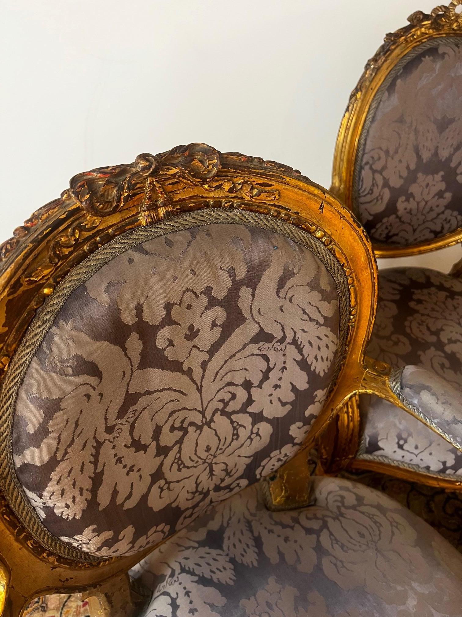 The Set of Three Original 18th Century Louis XVI Gold Gilded Armchairs For Sale 4