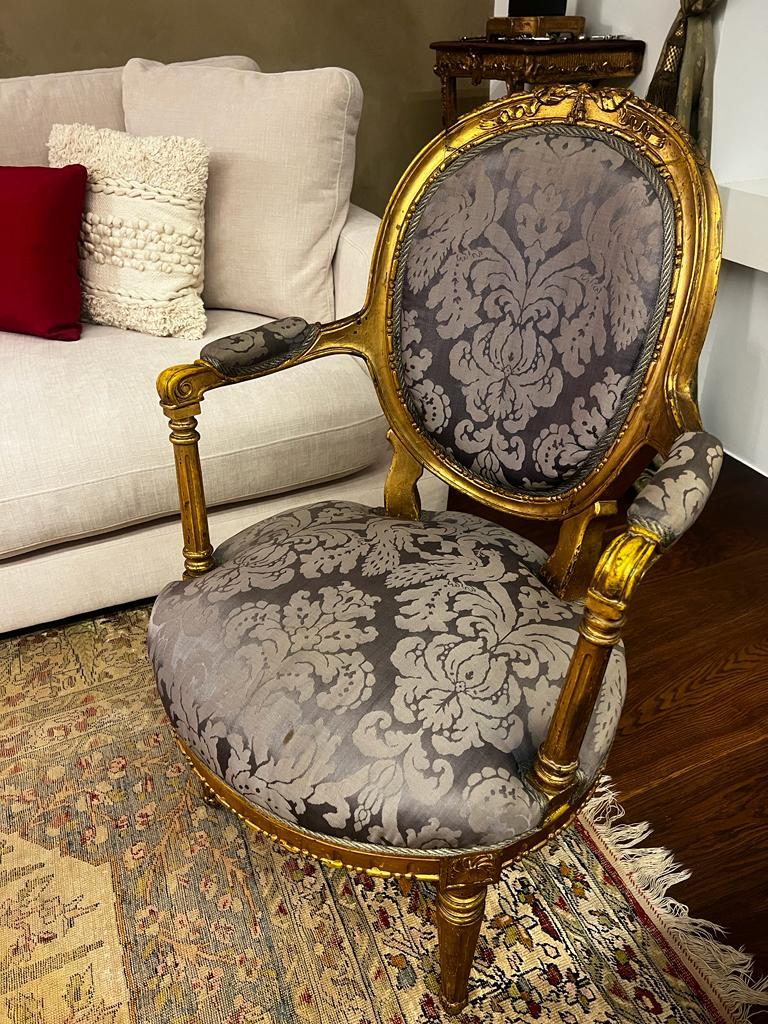 The Set of Three Original 18th Century Louis XVI Gold Gilded Armchairs For Sale 5