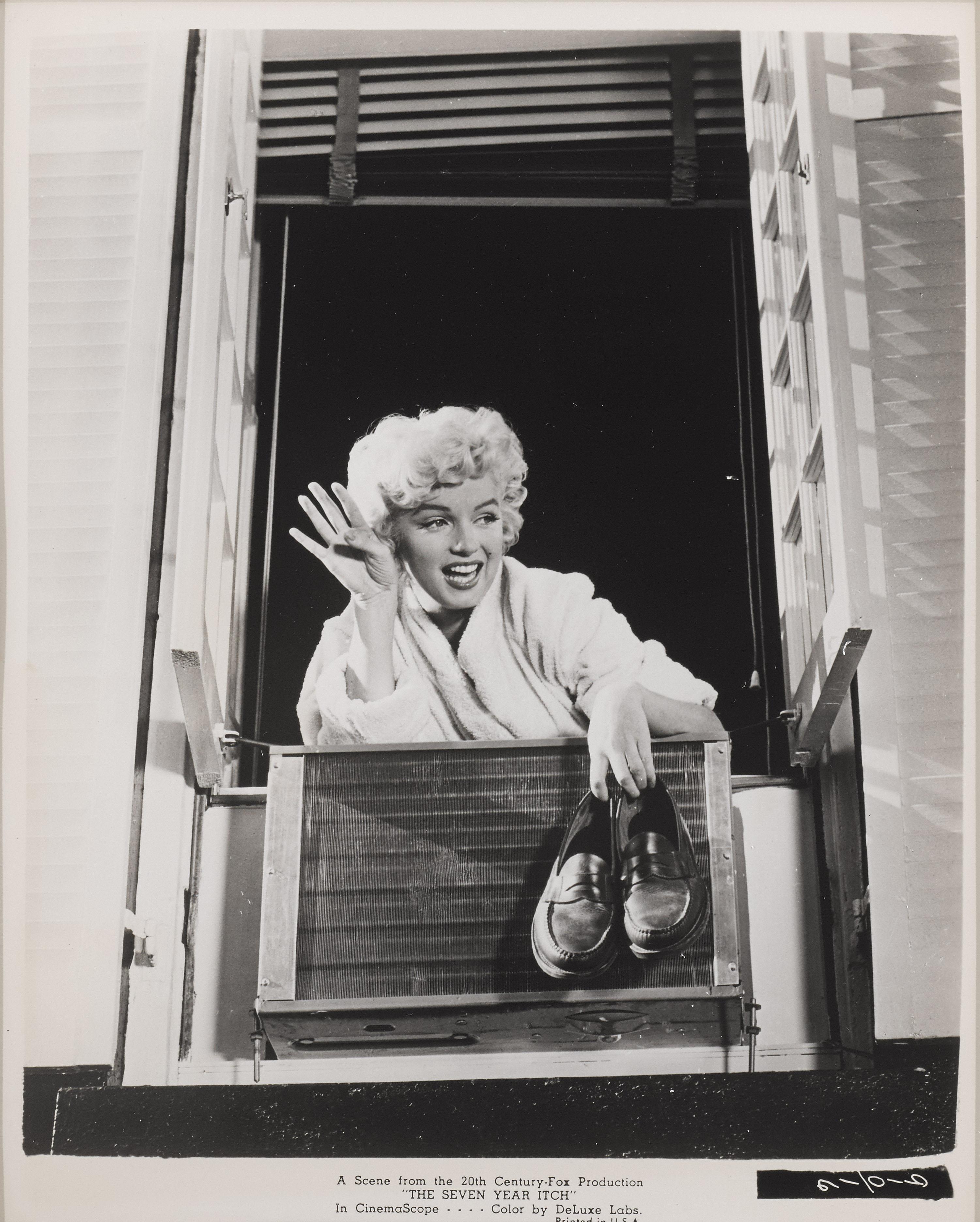 Original 1955 US 20th century Fox photographic production still used to promote the romance, comedy film The Seven Year Itch. Directed by Billy Wilder and starring Marilyn Monroe, Tom Ewell, Evelyn Keyes. 
This piece is Framed in a Sapele wood