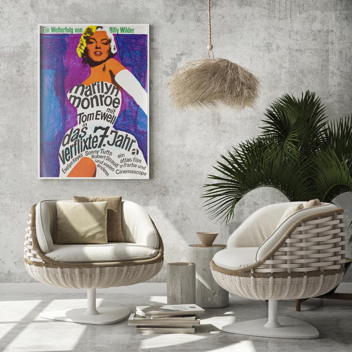 Fabulous pop-art design by Dorothea Fischer-Nosbisch features on the 1966 re-release German film poster for Marilyn Monroe classic The Seven Year Itch. Love it!

This vintage movie poster is sized 23 x 33 inches, it will be sent rolled (unframed).