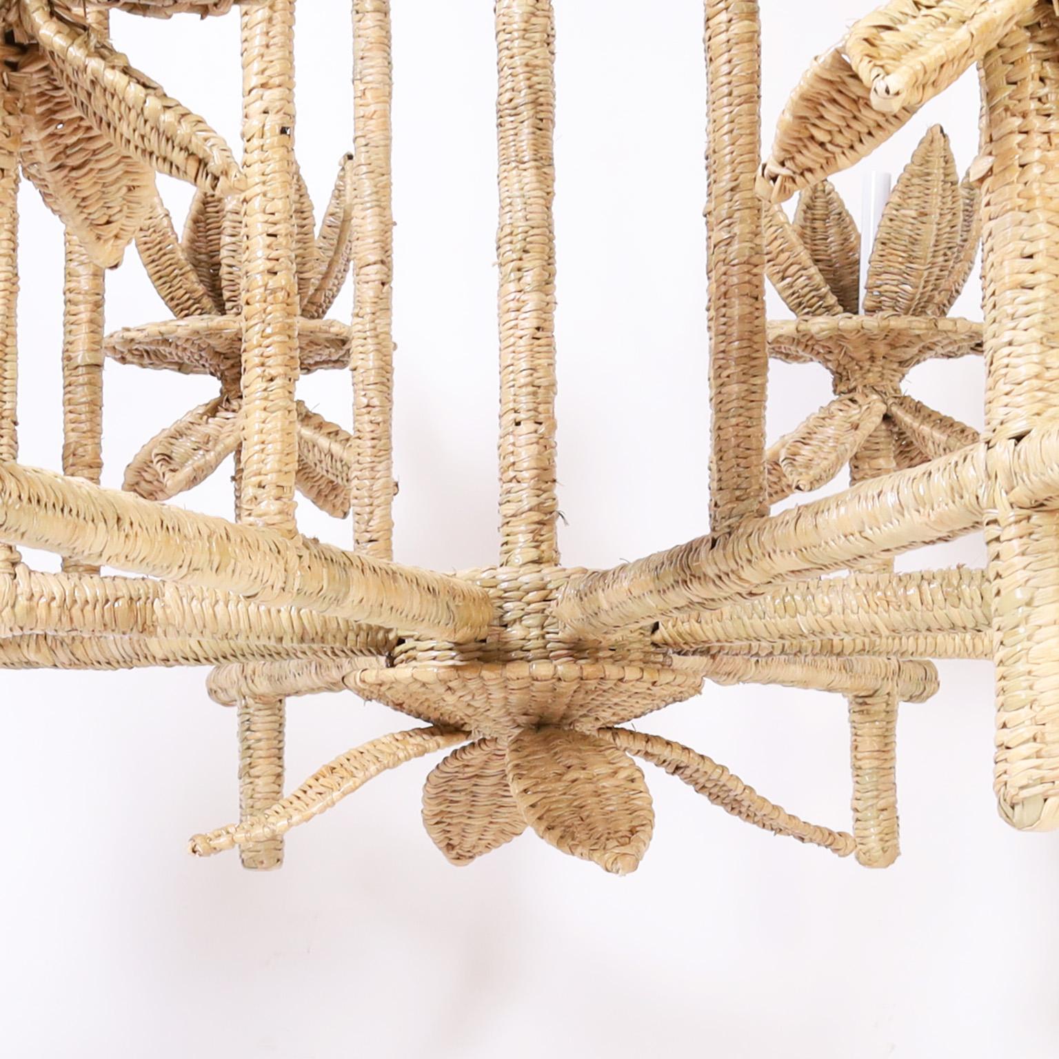 Mid-Century Modern Seychelles Woven Reed Pagoda Form Chandelier from the FS Flores Collection For Sale