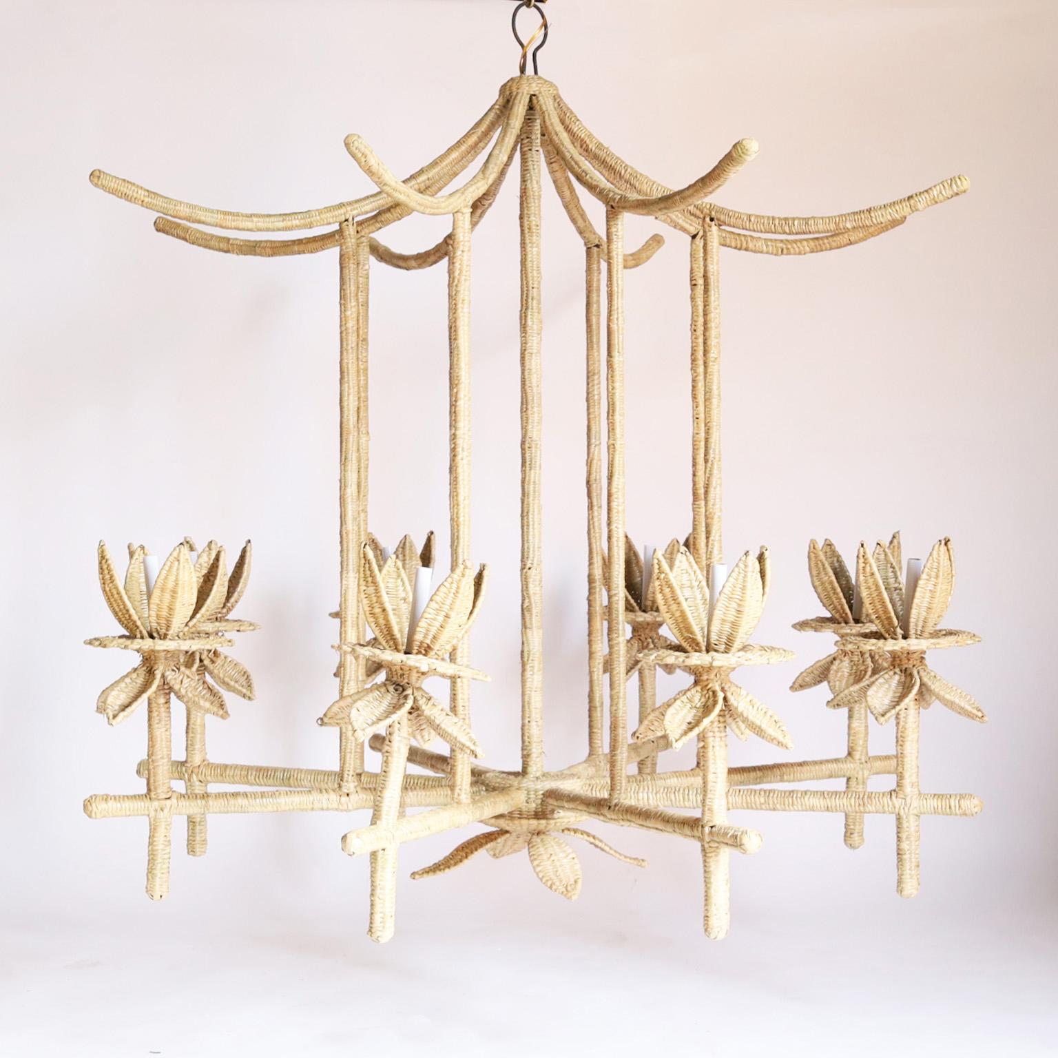 Mexican Seychelles Woven Reed Pagoda Form Chandelier from the FS Flores Collection For Sale