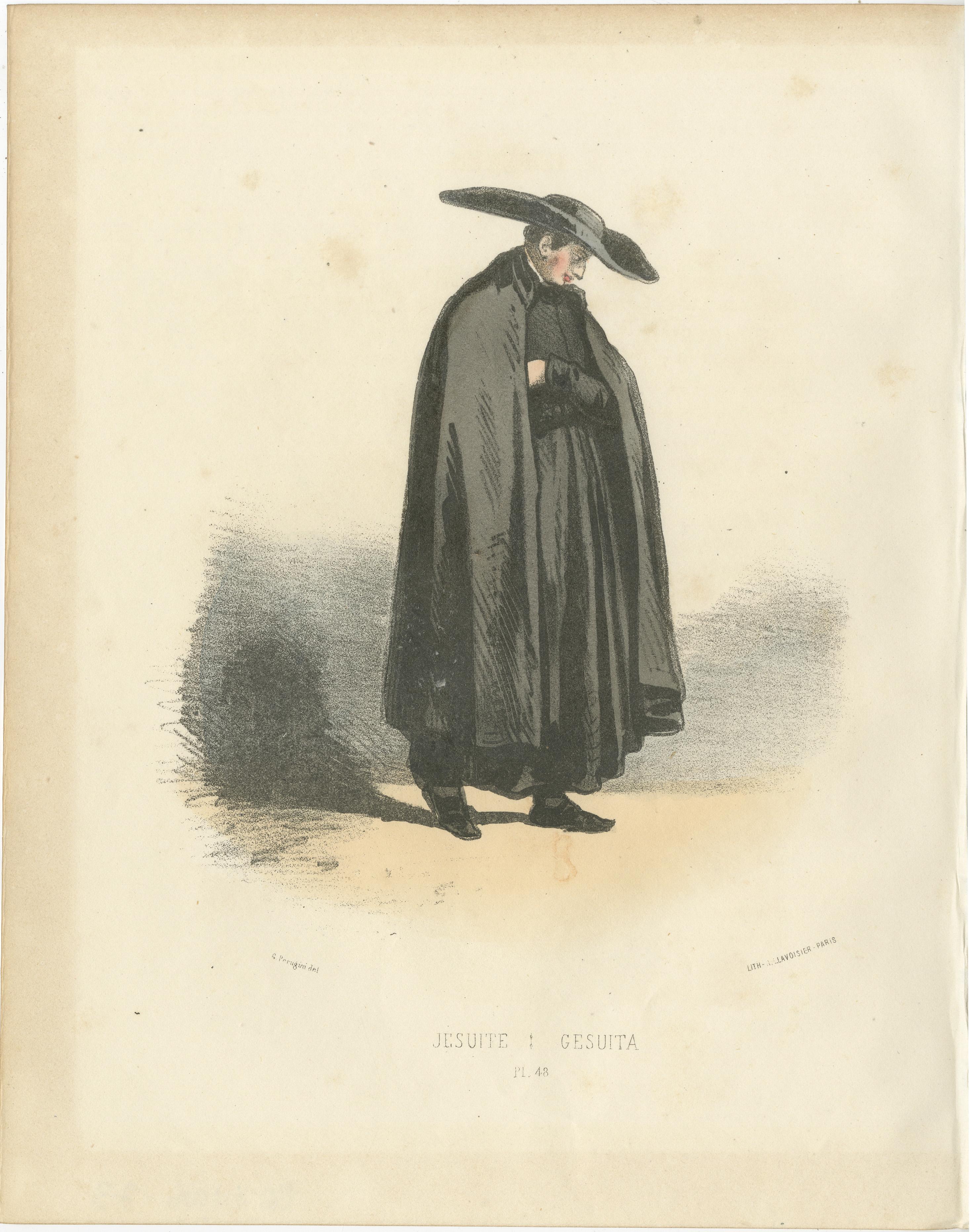 The Shadow of Devotion: Jesuit Priest in Reflection, Plate 48, 1862  

This solemn and evocative hand-colored lithograph, *The Shadow of Devotion: Jesuit Priest in Reflection,* Plate 48 from *Album ou Collection Complète, et Historique des Costumes