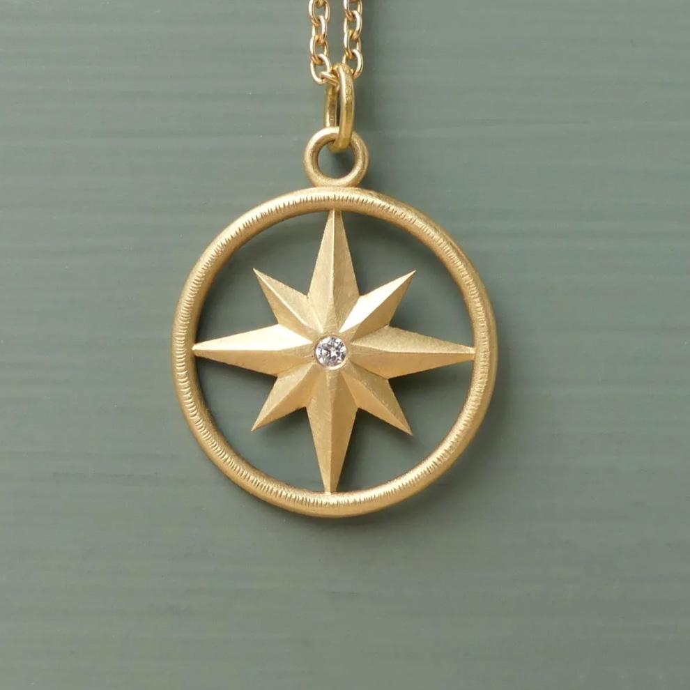 Artisan The Shanti Compass Amulet 18K Fairmined Yellow Gold & Diamond For Sale