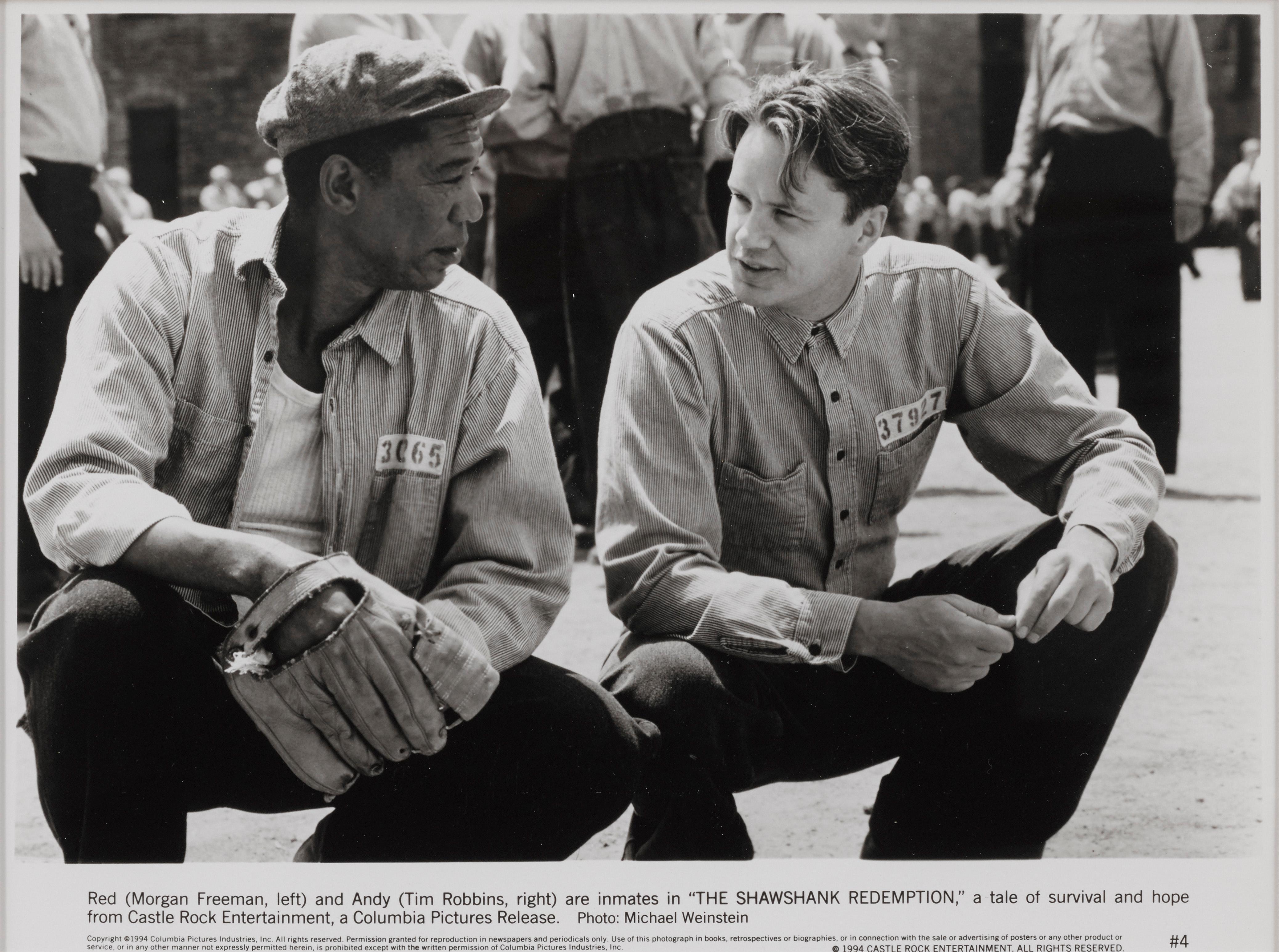 Original photographic production still from the 1994 classic dramaThe Shawshank Redemption starring Tim Robbins and Morgan.
This film was directed byFrank Darabont.
This piece is framed in a Sapele wood frame with acid free card mounts and UV