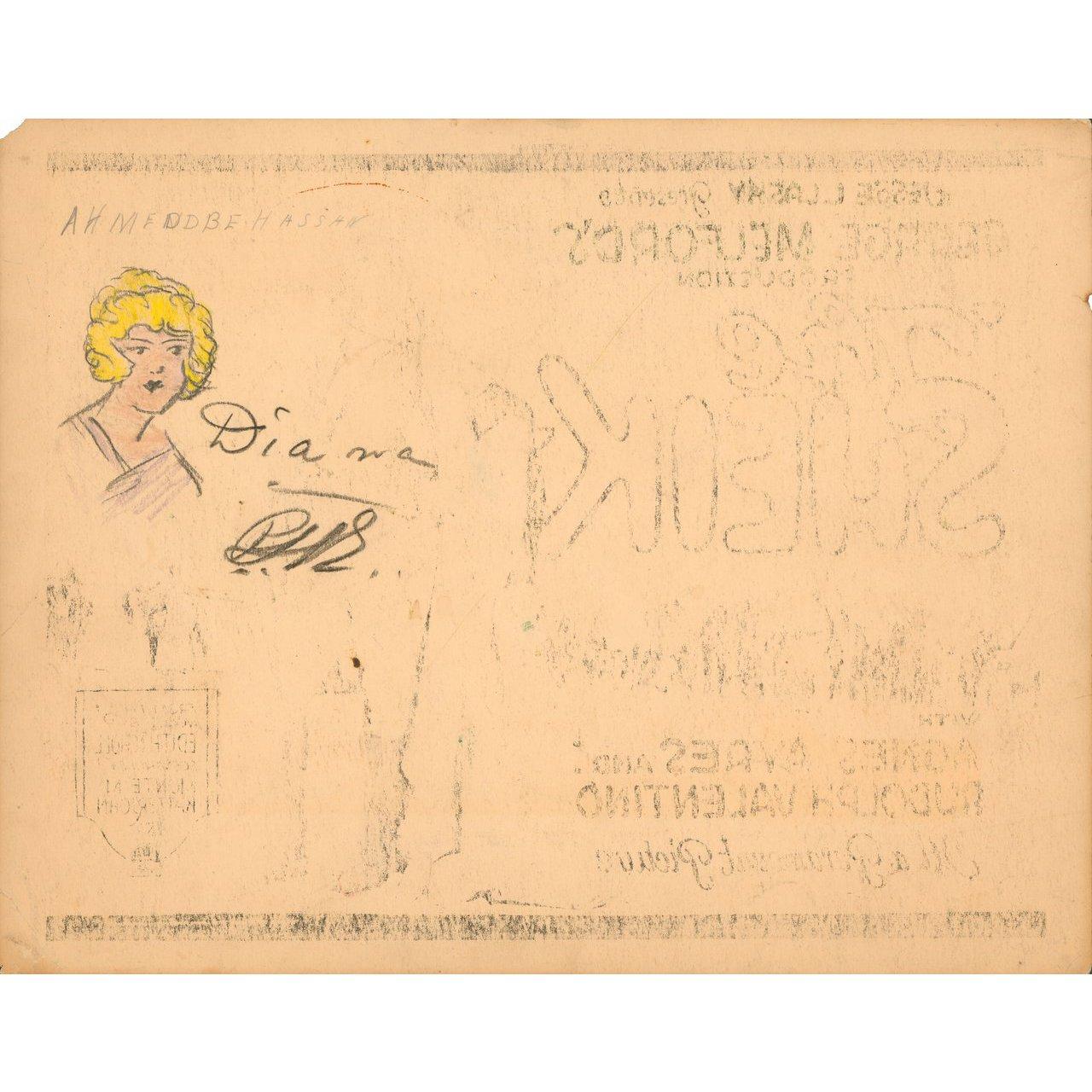 Original 1921 U.S. title card for the film The Sheik directed by George Melford with Rudolph Valentino / Agnes Ayres / Ruth Miller / George Waggner. Good-Very Good condition. Please note: the size is stated in inches and the actual size can vary by