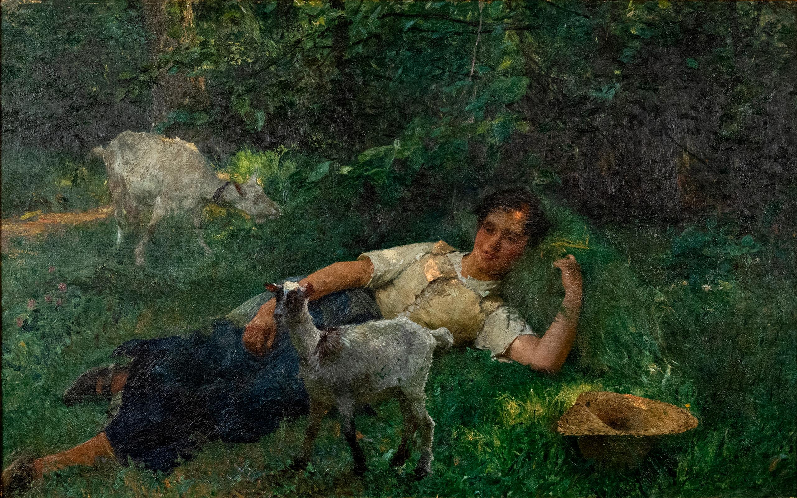 This tranquil landscape, depicting a young shepherdess in a state of repose among the cool shadows of the forest setting, is representative of the later work of Evariste Carpentier (Belgian, 1845-1922), as he transitioned from the strong academic