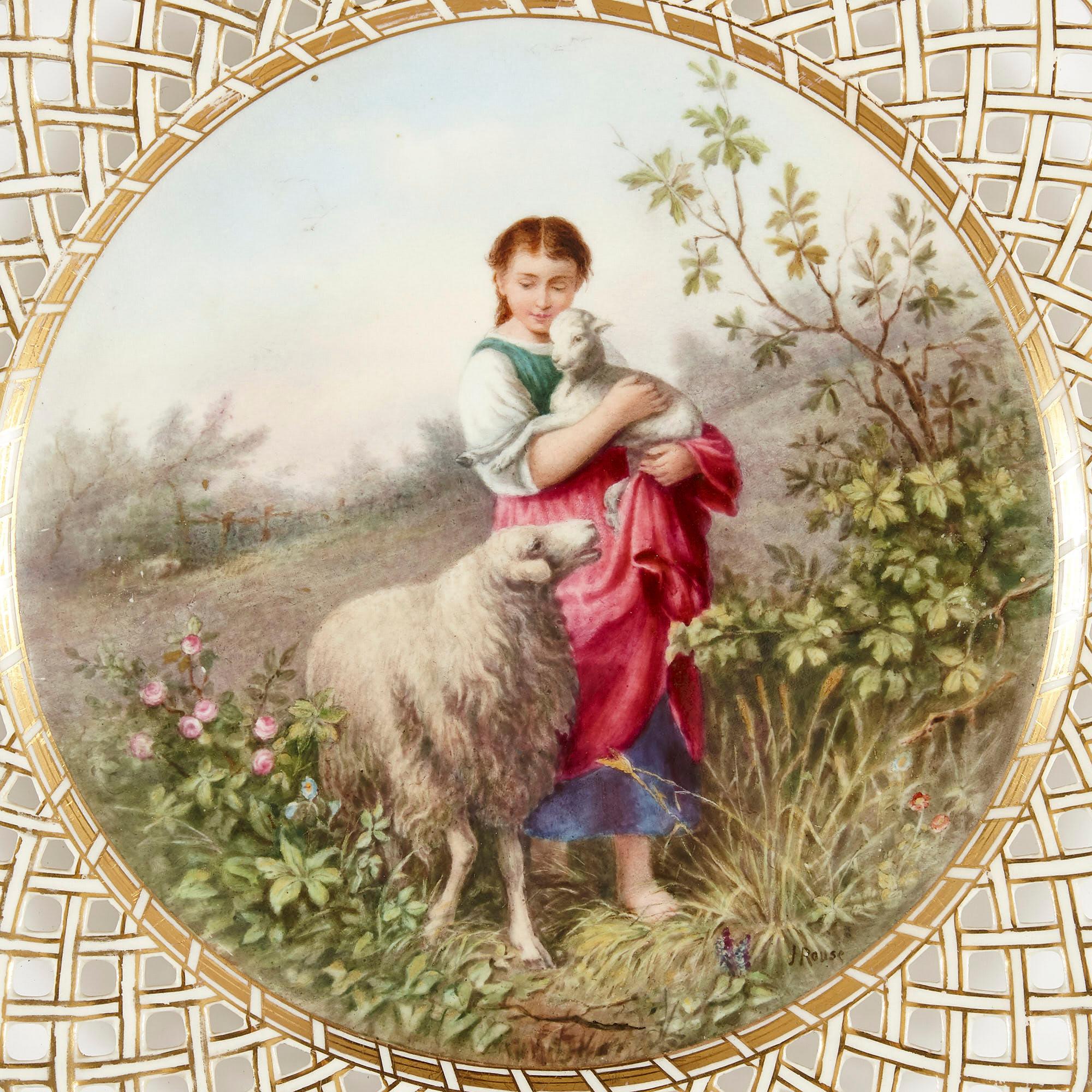 'The Shepherd's Daughter' painted Derby Porcelain plate by James Rouse
English, early 20th century
Dimensions: Height 2cm, diameter 24.5cm

Of circular form, this fine Derby porcelain cabinet plate features a gilt and latticework pierced rim,