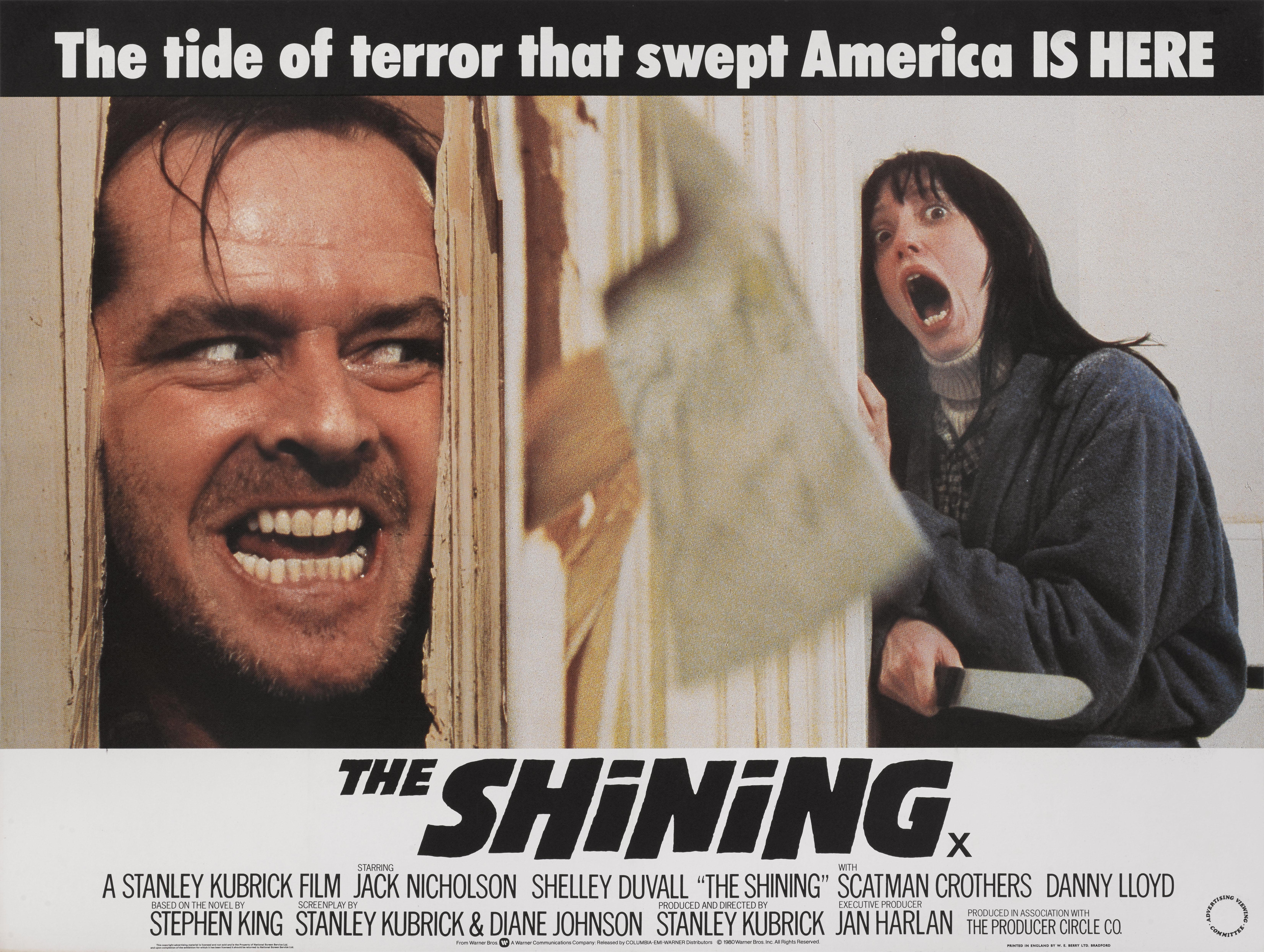 Original British film poster for The Shining 1980.
This chilling horror was directed by Stanley Kubrick, and stars Jack Nicholson, Shelley Duvall and Danny Lloyd. Nicholson gave a incredible performance as Jack Torrance, who with his family agreed