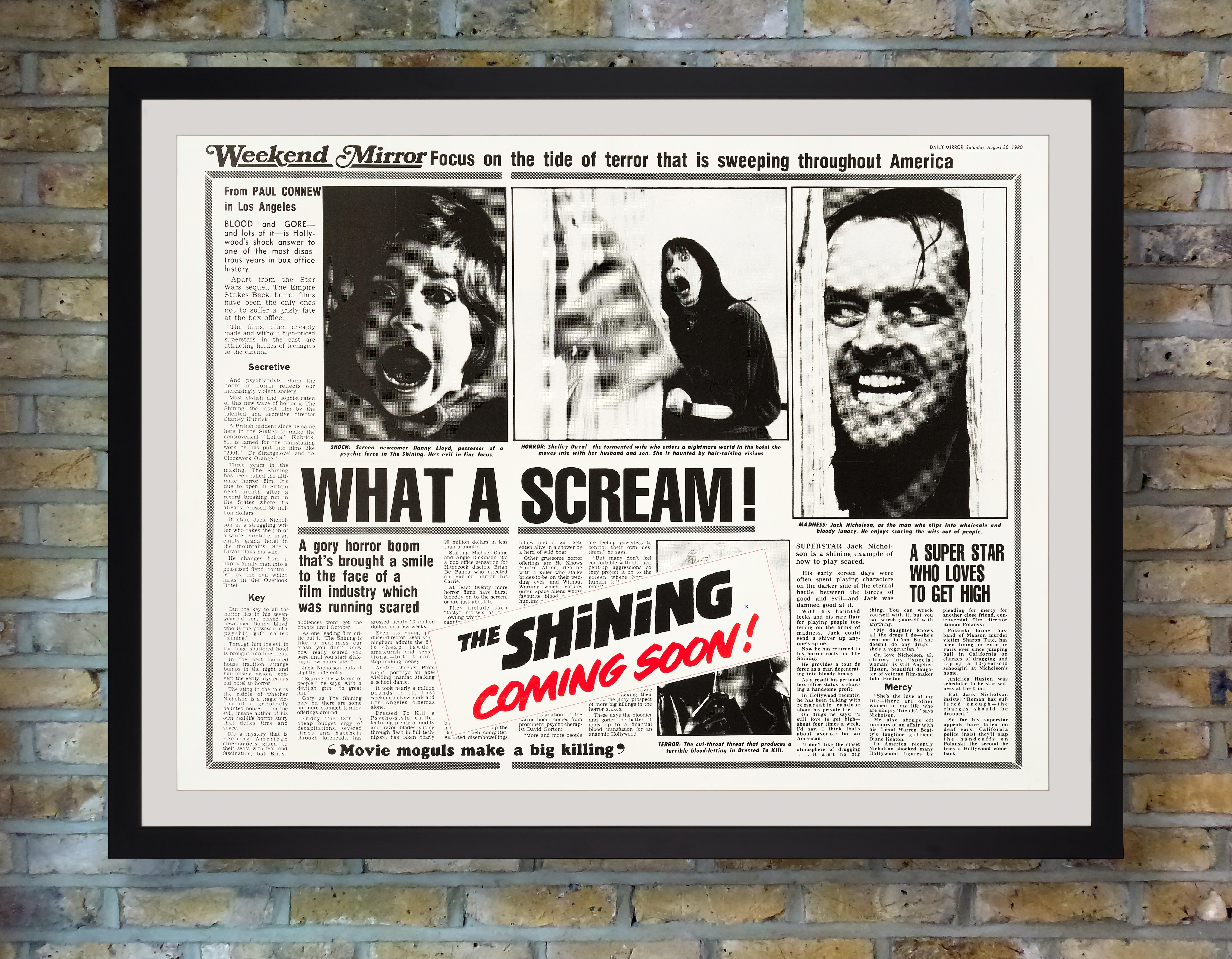 A scarce and unusual 'Weekend Mirror' style teaser quad for the British release of Stanley Kubrick's 1980 modern horror masterpiece 'The Shining,' starring Jack Nicholson and Shelley Duvall. Based on the bestselling novel by Stephen King, the