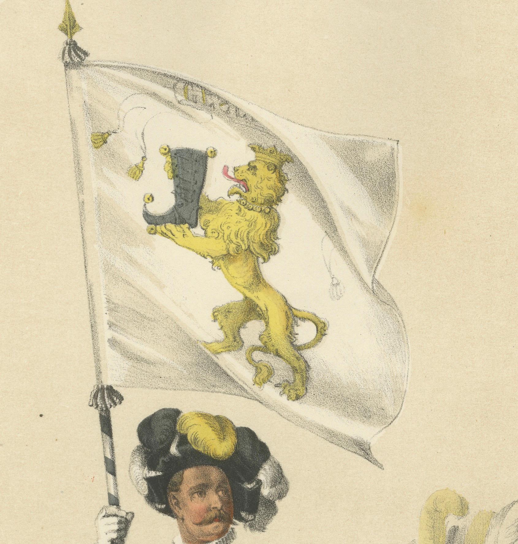 Titre : Les Guildes des cordonniers et des tailleurs - Un hommage à l'artisanat et à la tradition bernoise  

Description :  Cette remarquable lithographie coloriée à la main fait partie de l'Album des fêtes célébrant l'entrée de Berne dans la