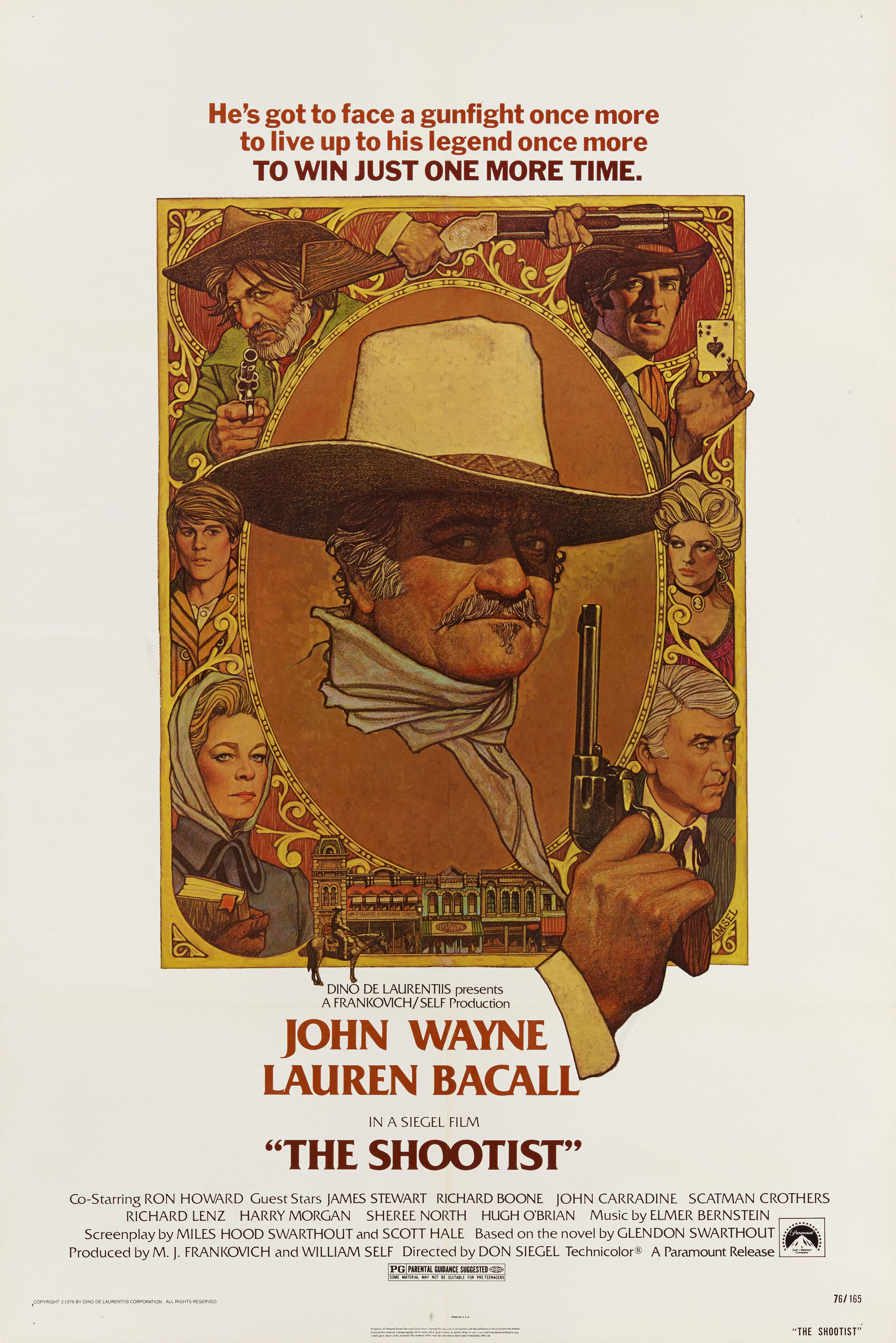 Original US movie poster for John Wayne's last film The Shootist 1976.
The artwork is by the highly acclaimed illustrator Richard Amsel (1947-1985).
The film was directed by Don Siegel.
The poster is in excellent condition with the colours