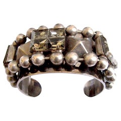 Vintage THE SHOW MUST GO ON faceted glass & pyramid stud cuff bracelet