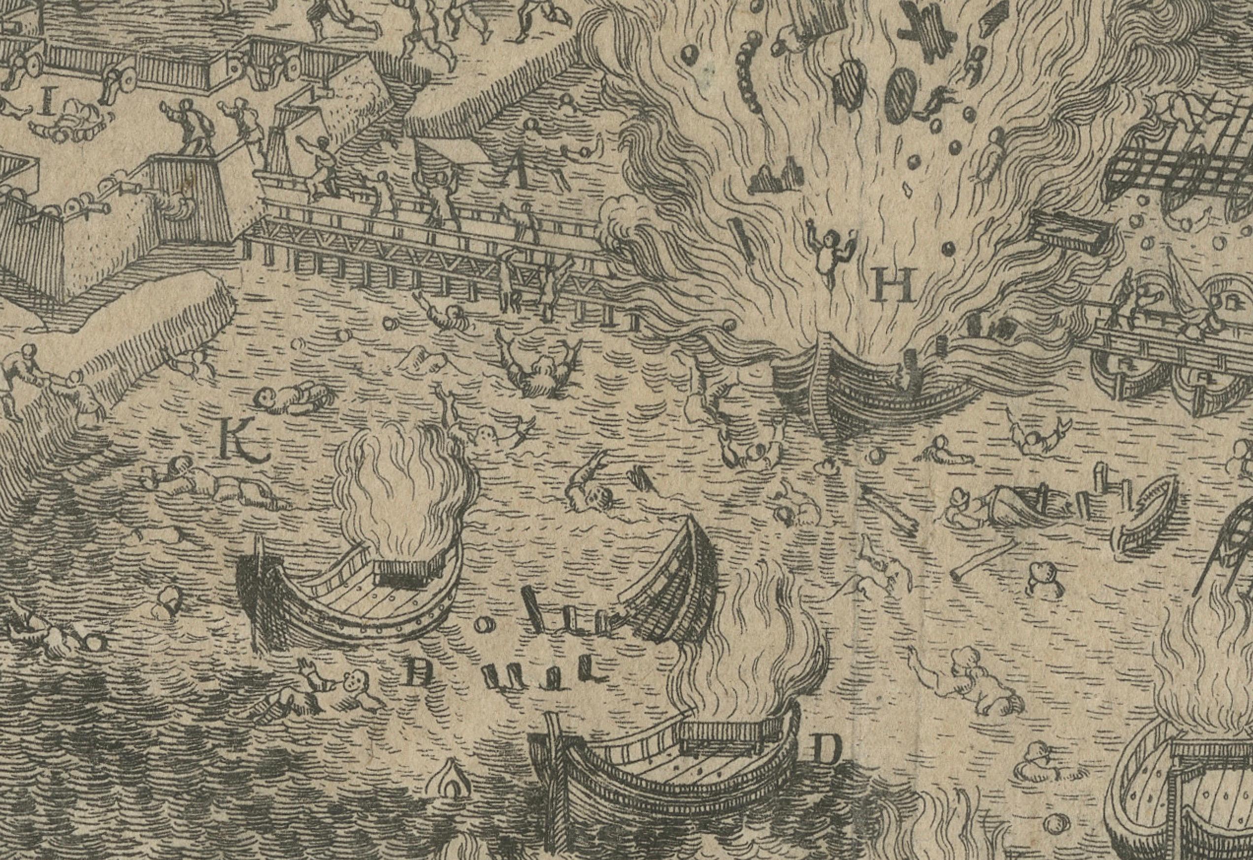 The Siege of Antwerp Engraved: Parma's Bridge Aflame on the Schelde, 1730 For Sale 2