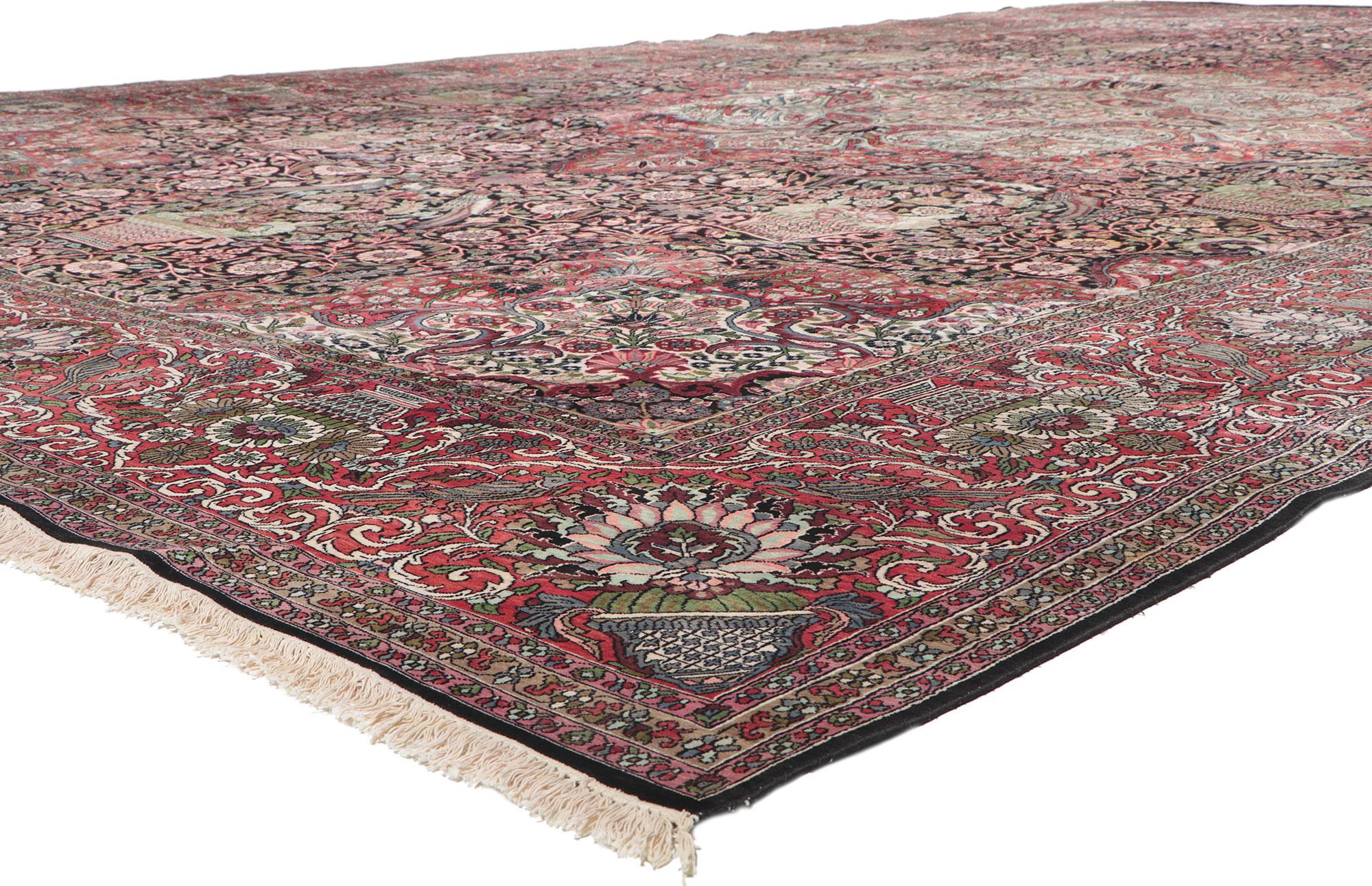 78328 Tappeto Vintage Indian Kashmir, 13'09 x 22'06. Immerso in una luminosa opulenza e tessuto con grazia cortese, questo pregiato tappeto vintage in seta annodato a mano del Kashmir è una meraviglia dell'arte indiana, un'incarnazione di