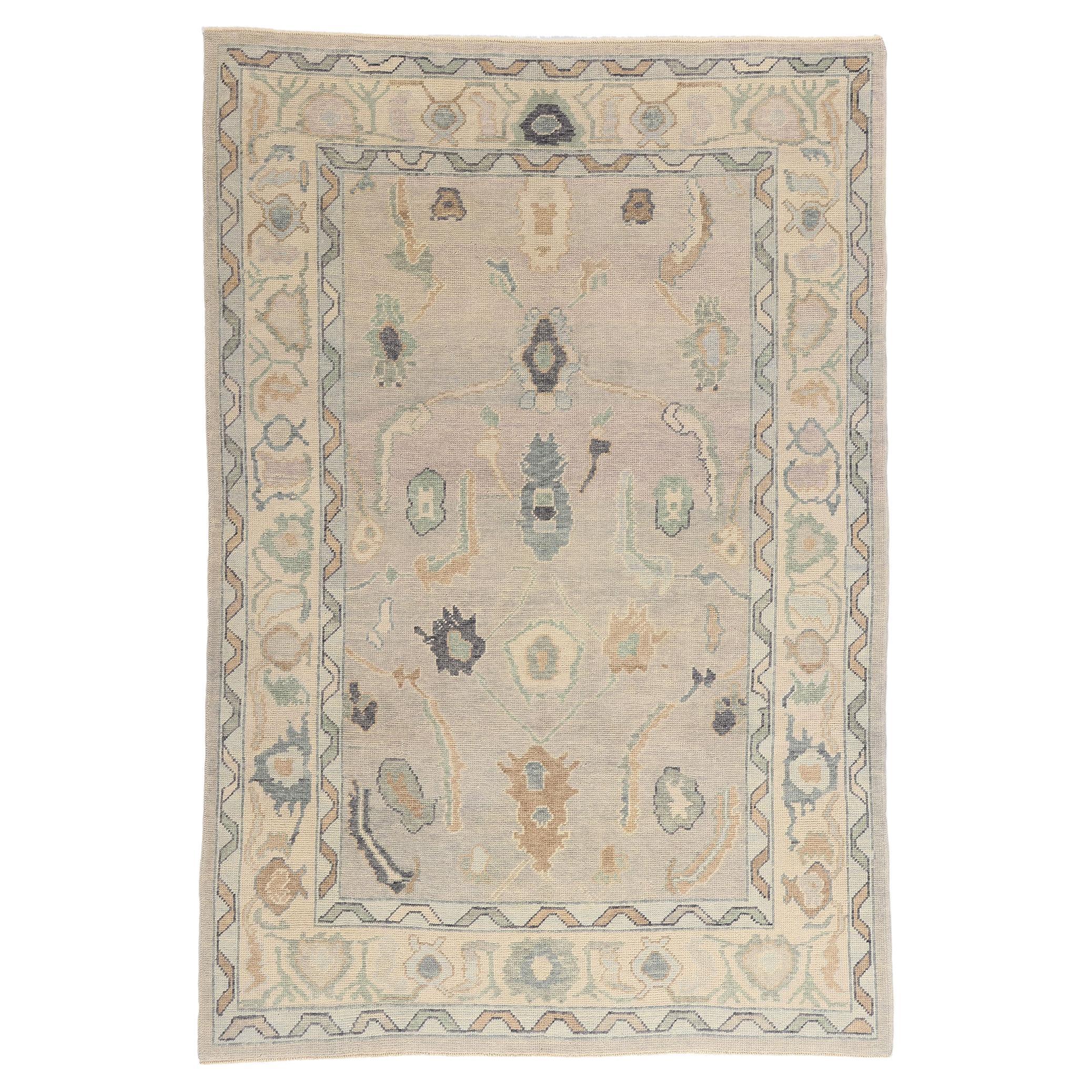 The Silver Botanical Drift: A Modern Turkish Oushak Masterpiece of Quiet Luxury For Sale