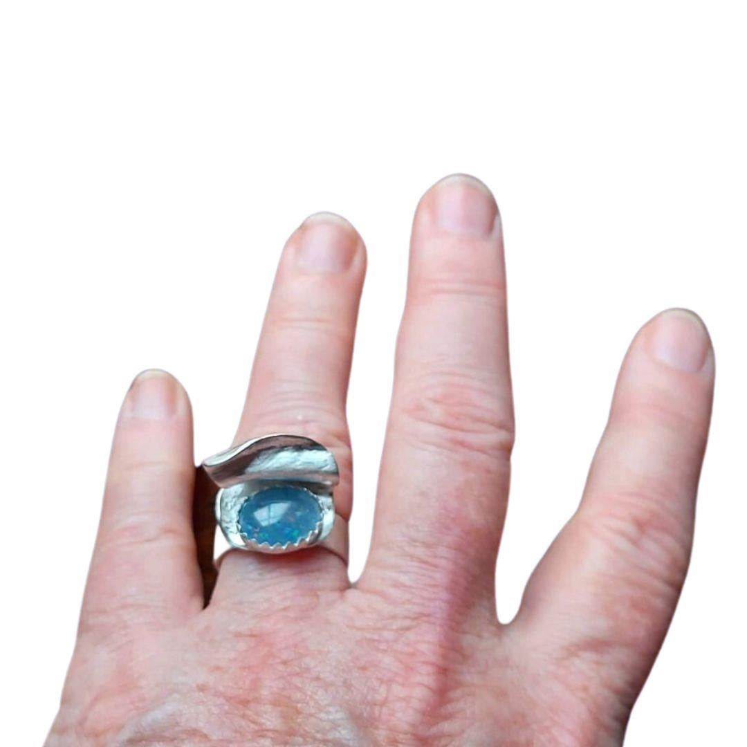 Cabochon Silver Wave Ring with Either Blue or Green Gemstones