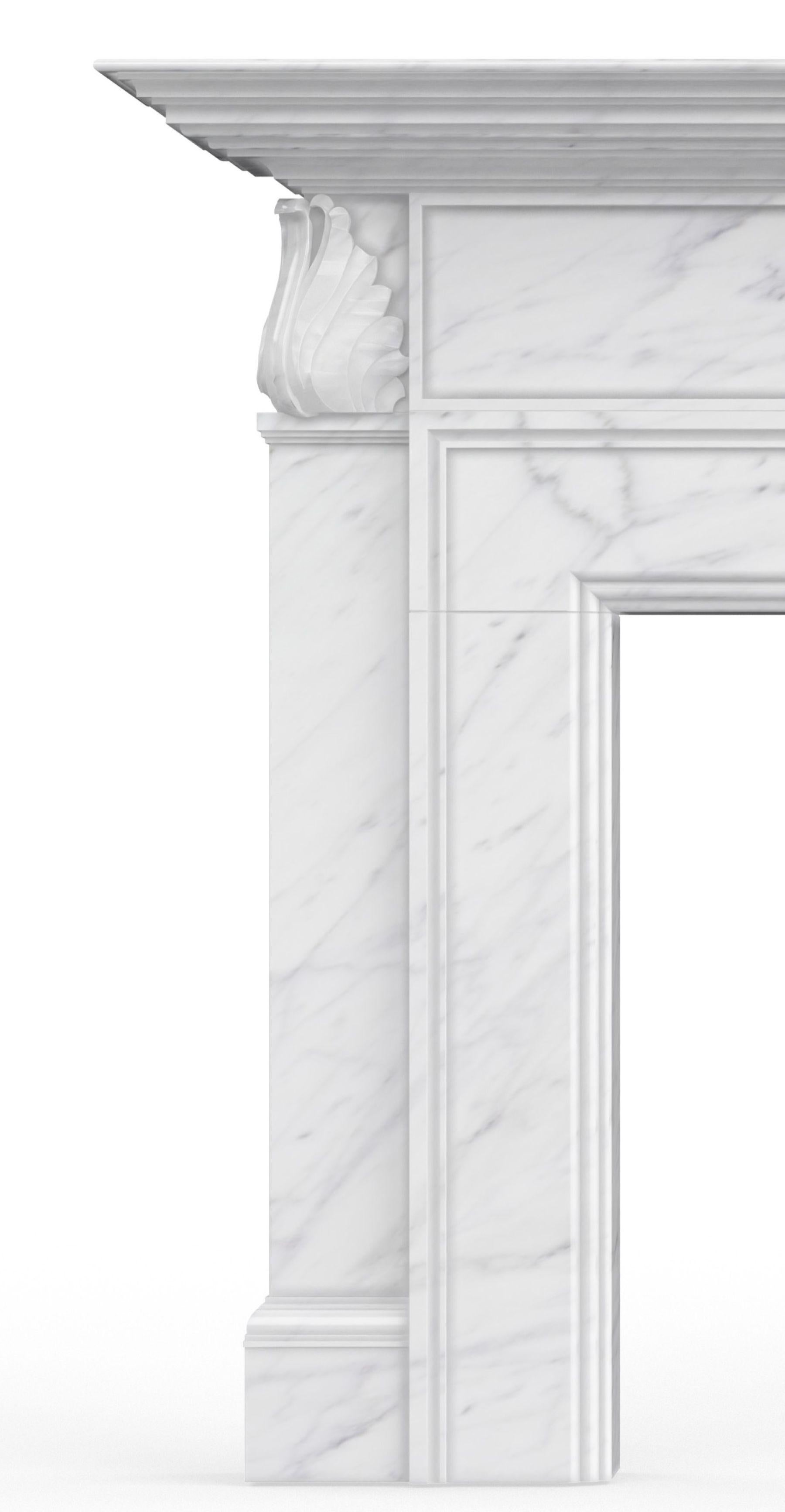 American Classical The Simone:  A Classically-Inspired Stone Fireplace with Carved Leaf Detail For Sale