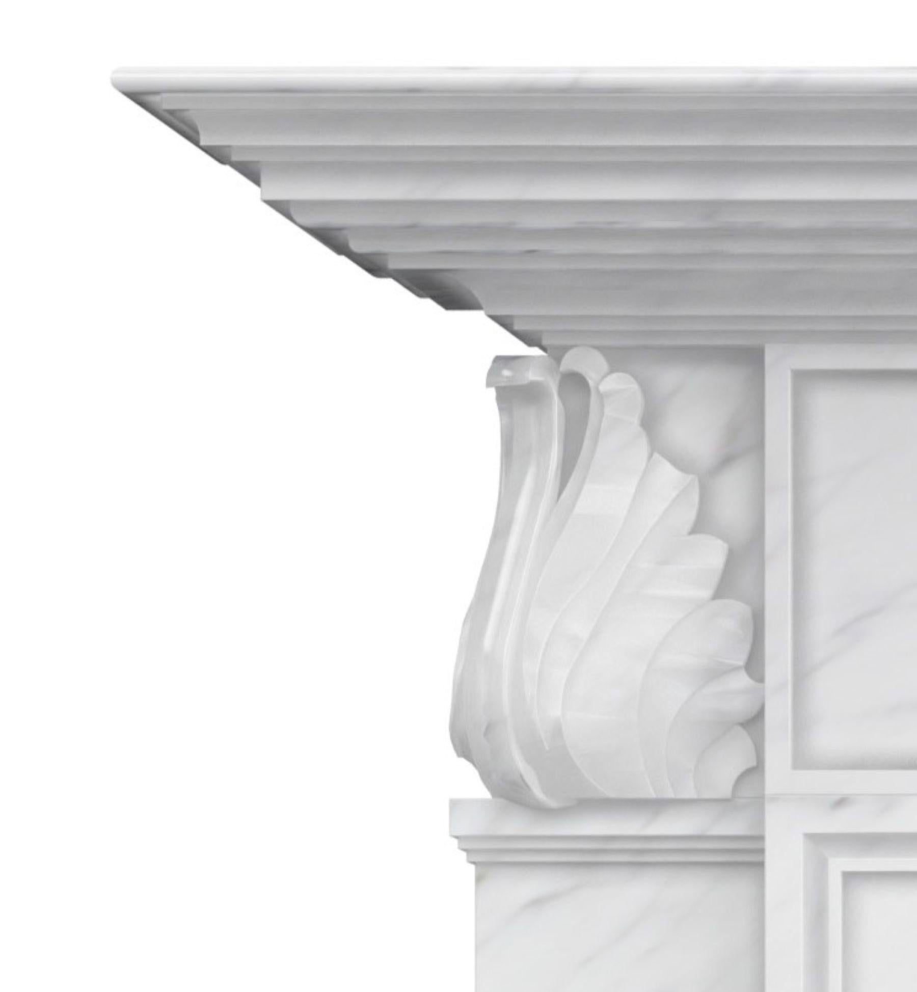 American The Simone:  A Classically-Inspired Stone Fireplace with Carved Leaf Detail For Sale