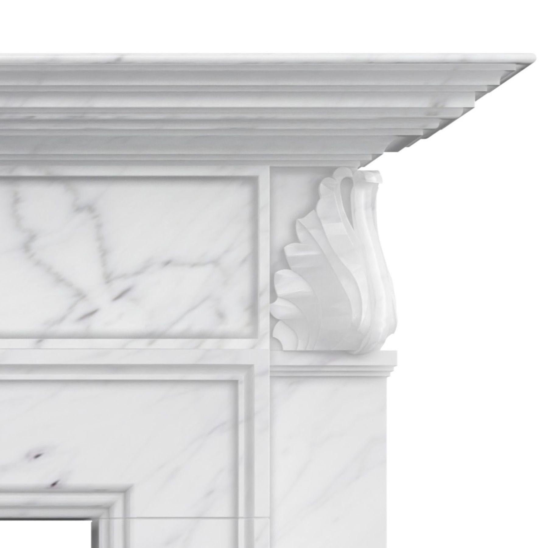 Hand-Carved The Simone:  A Classically-Inspired Stone Fireplace with Carved Leaf Detail For Sale