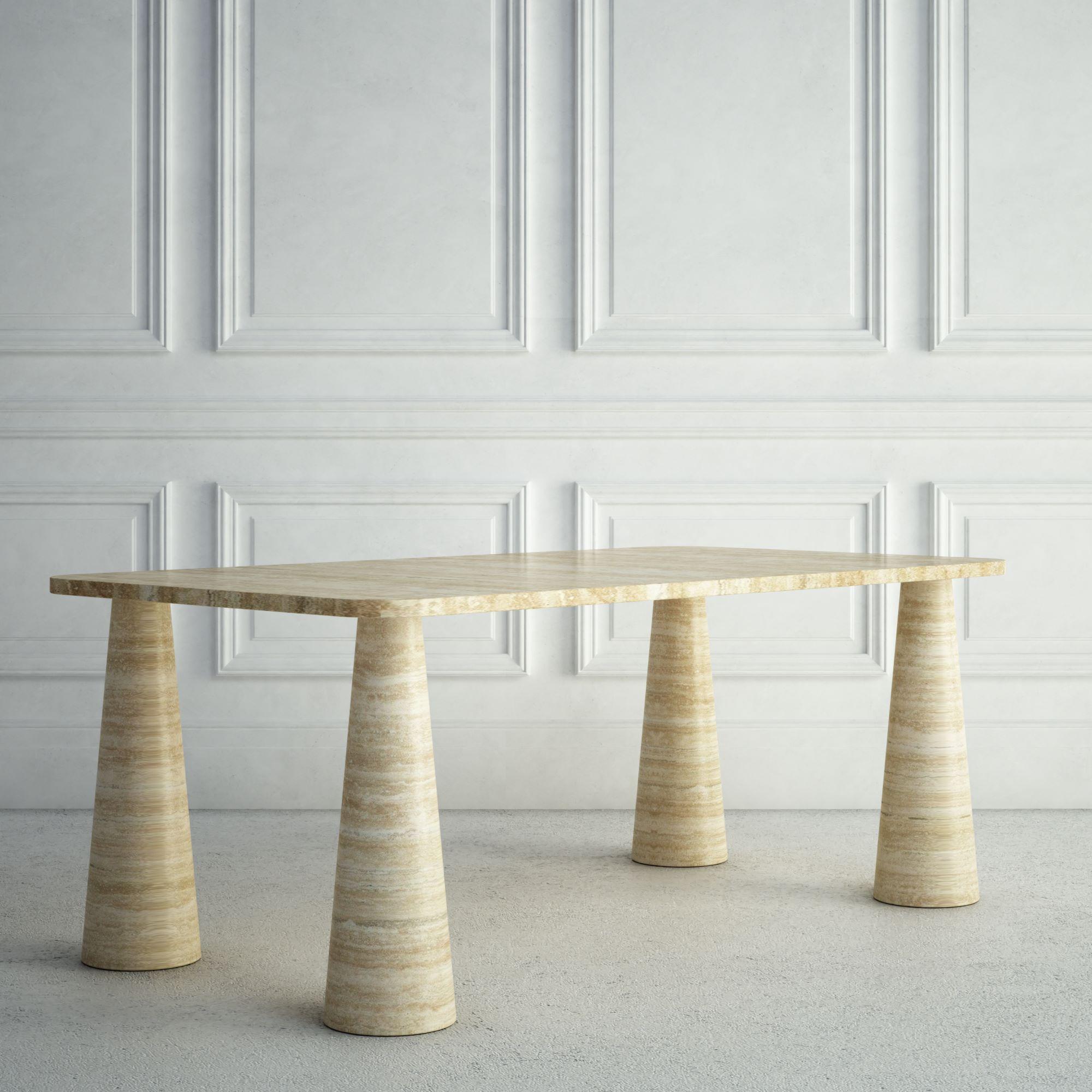 Moderne The Simone : une table de salle à manger moderne en pierre avec un plateau rectangulaire et des pieds ronds en vente