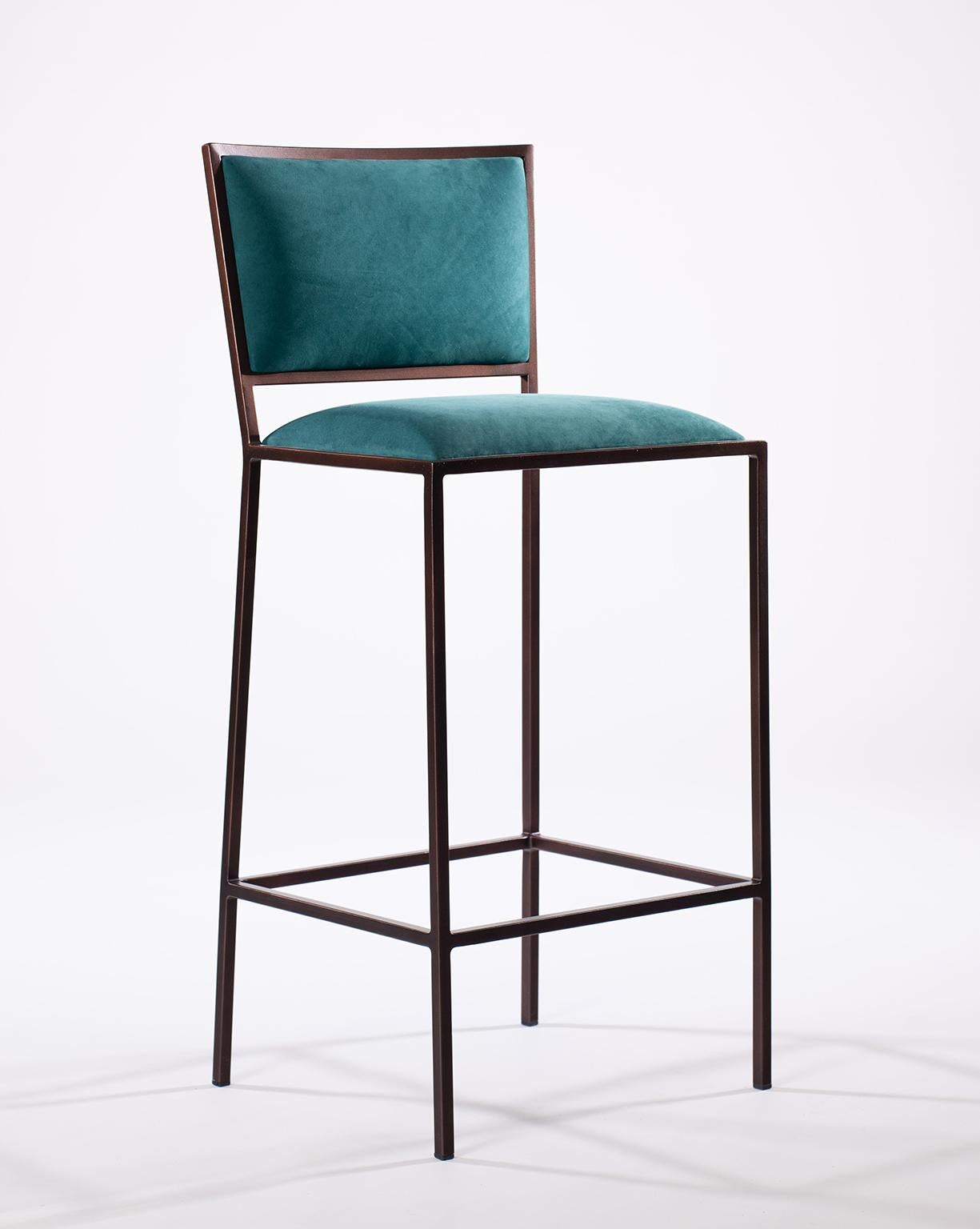 Polished 21st Century Leather Upholstered Stool in a Linear Steel Frame Simple Bar Chair For Sale