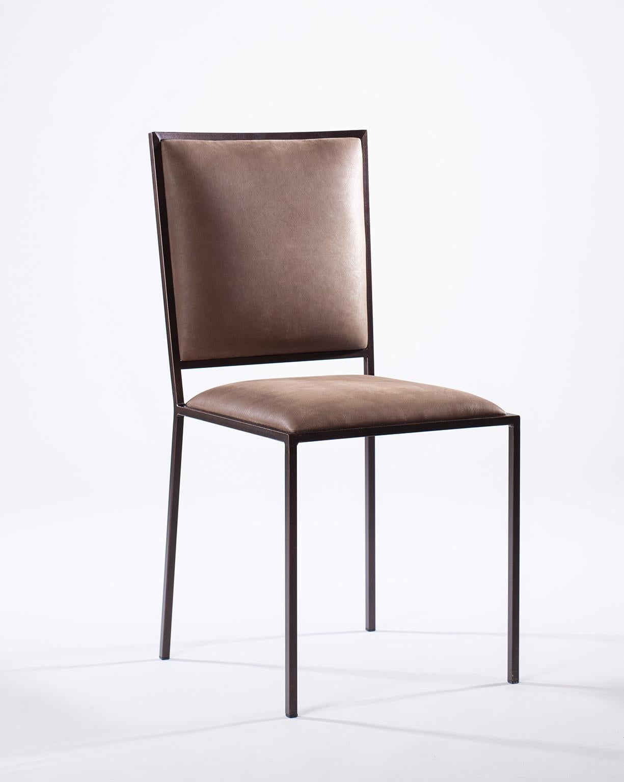 Bronzed 21st Century Leather Upholstered and Simple Linear Frame Dining Chair For Sale
