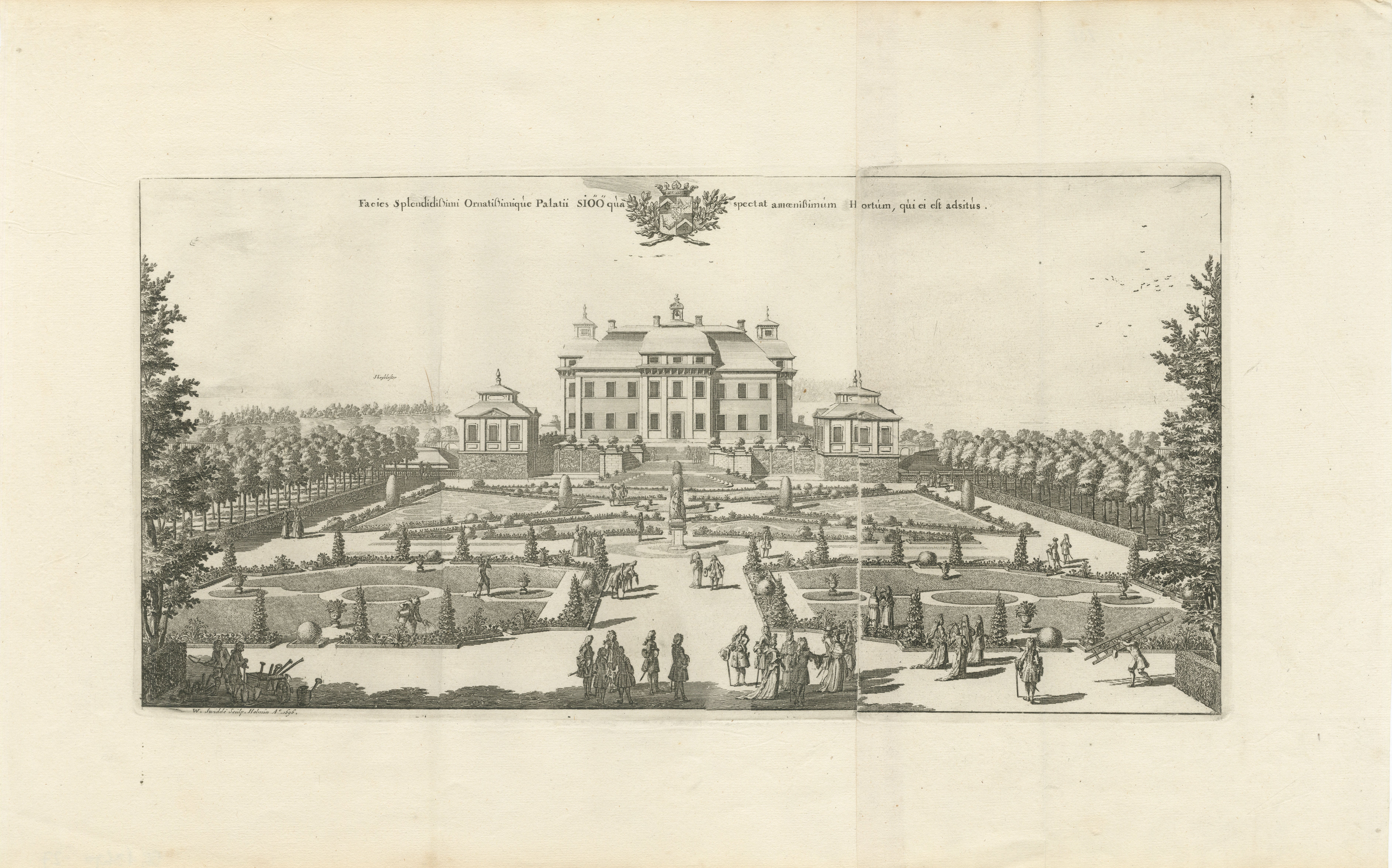 The engraving depicts a grand manor house surrounded by formal gardens. It is titled 